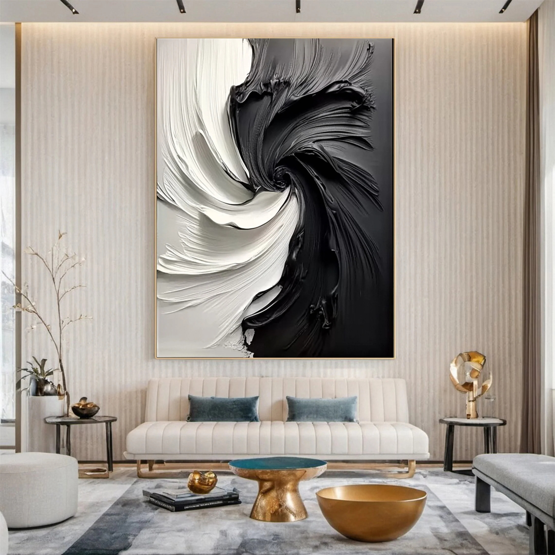 Black and White Vortex Abstract Plaster Art Painting hand-painted #HM1838