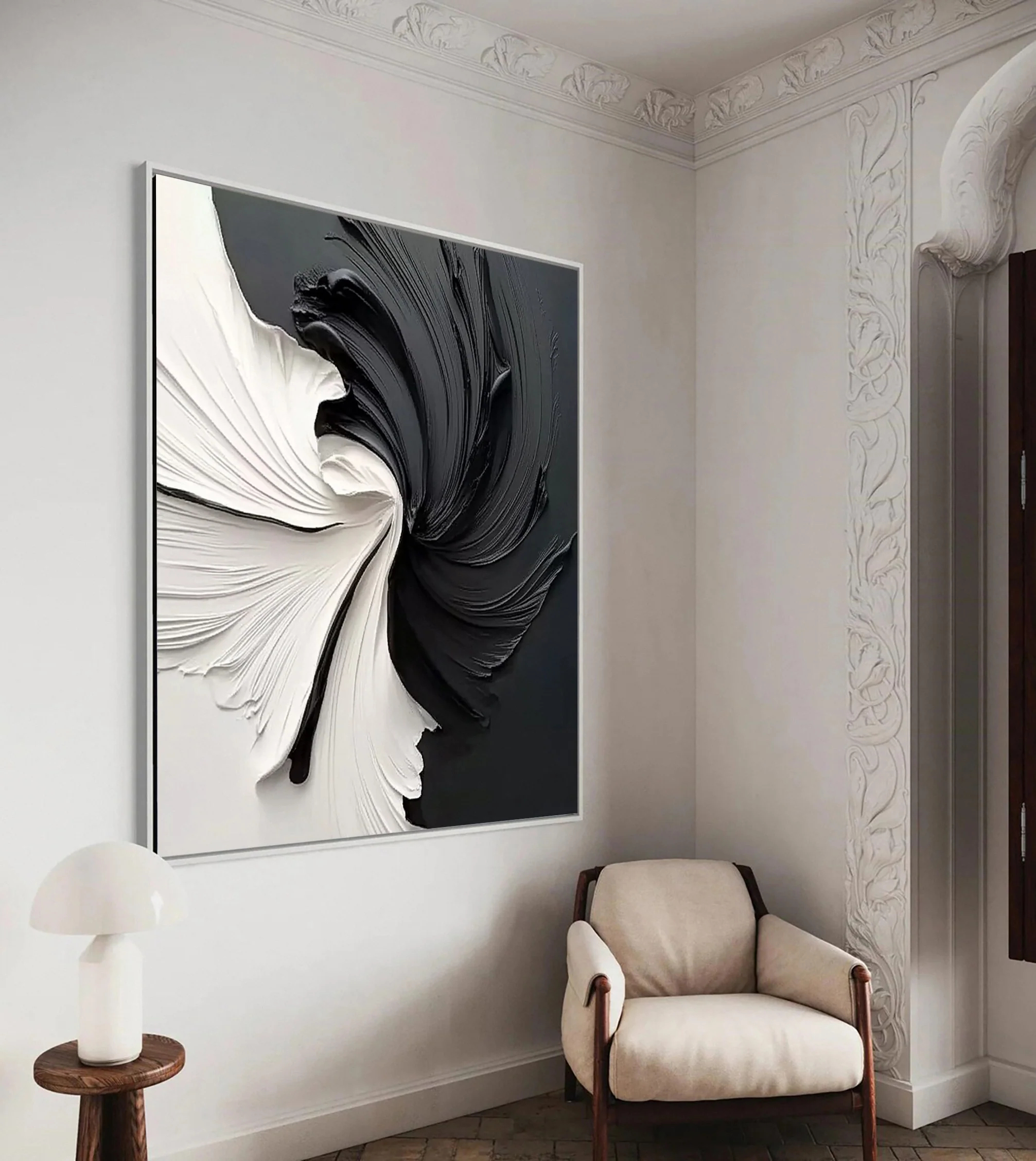 Black and White Vortex Abstract Plaster Art Painting hand-painted #HM1837