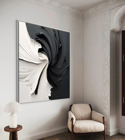 Black and White Vortex Abstract Plaster Art Painting hand-painted #HM1837
