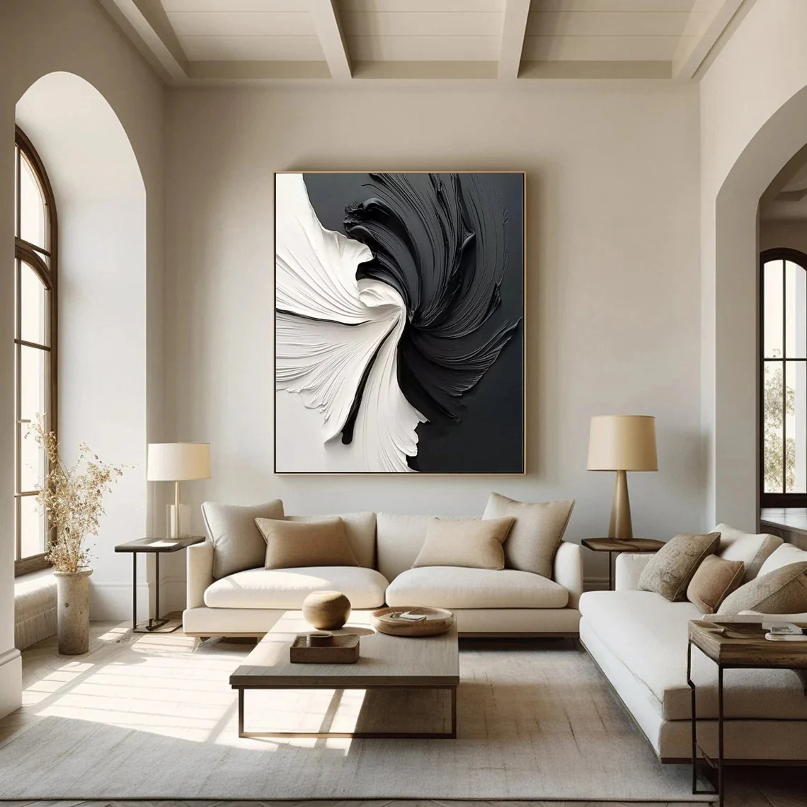 Black and White Vortex Abstract Plaster Art Painting hand-painted #HM1837