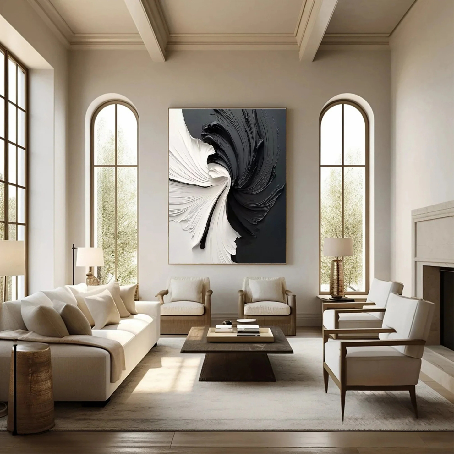 Black and White Vortex Abstract Plaster Art Painting hand-painted #HM1837