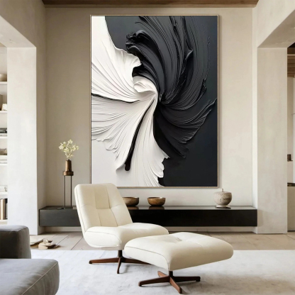 Black and White Vortex Abstract Plaster Art Painting hand-painted #HM1837