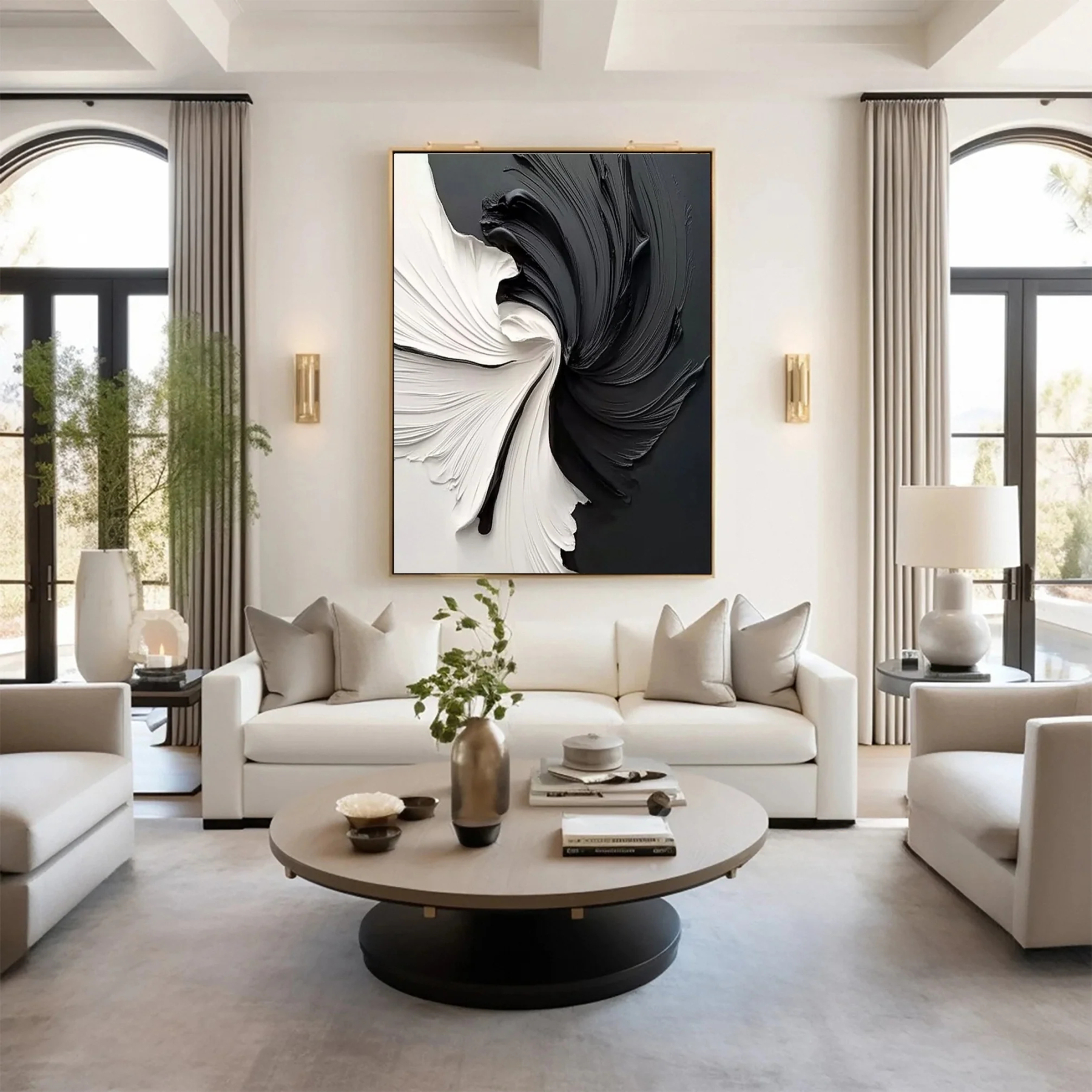 Black and White Vortex Abstract Plaster Art Painting hand-painted #HM1837