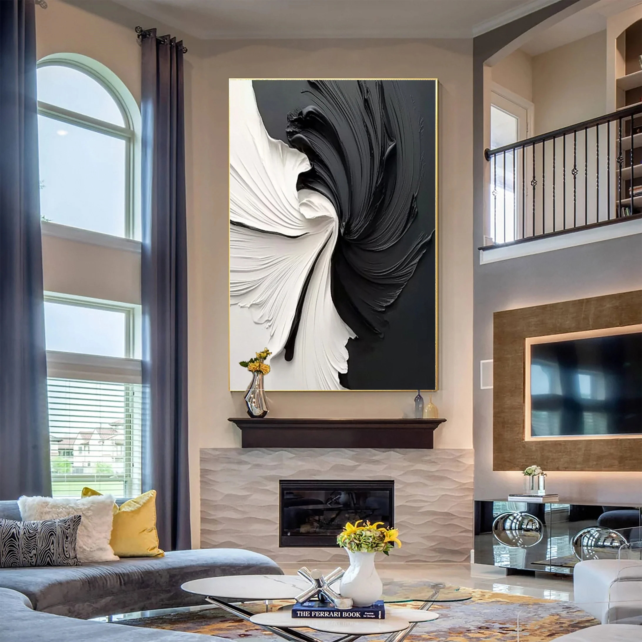 Black and White Vortex Abstract Plaster Art Painting hand-painted #HM1837