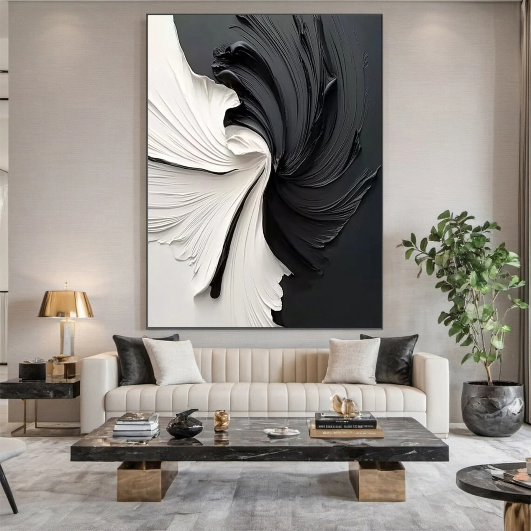 Black and White Vortex Abstract Plaster Art Painting hand-painted #HM1837