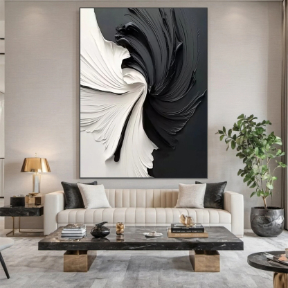 Black and White Vortex Abstract Plaster Art Painting hand-painted #HM1837
