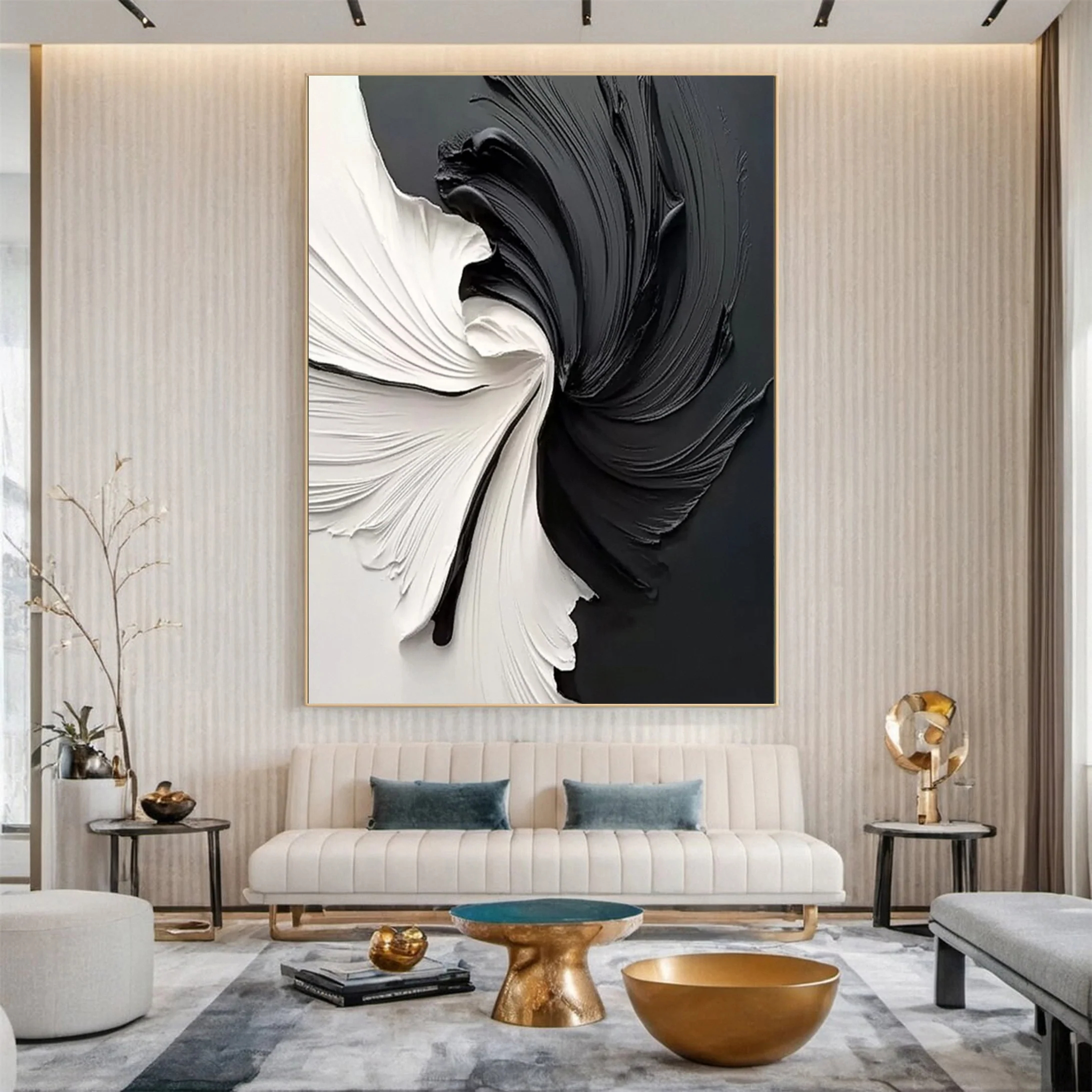 Black and White Vortex Abstract Plaster Art Painting hand-painted #HM1837