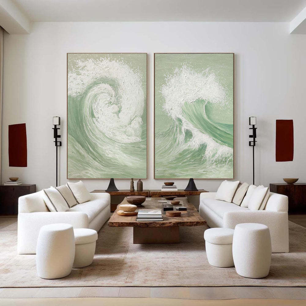 Large white and green wall art sea wave wall art