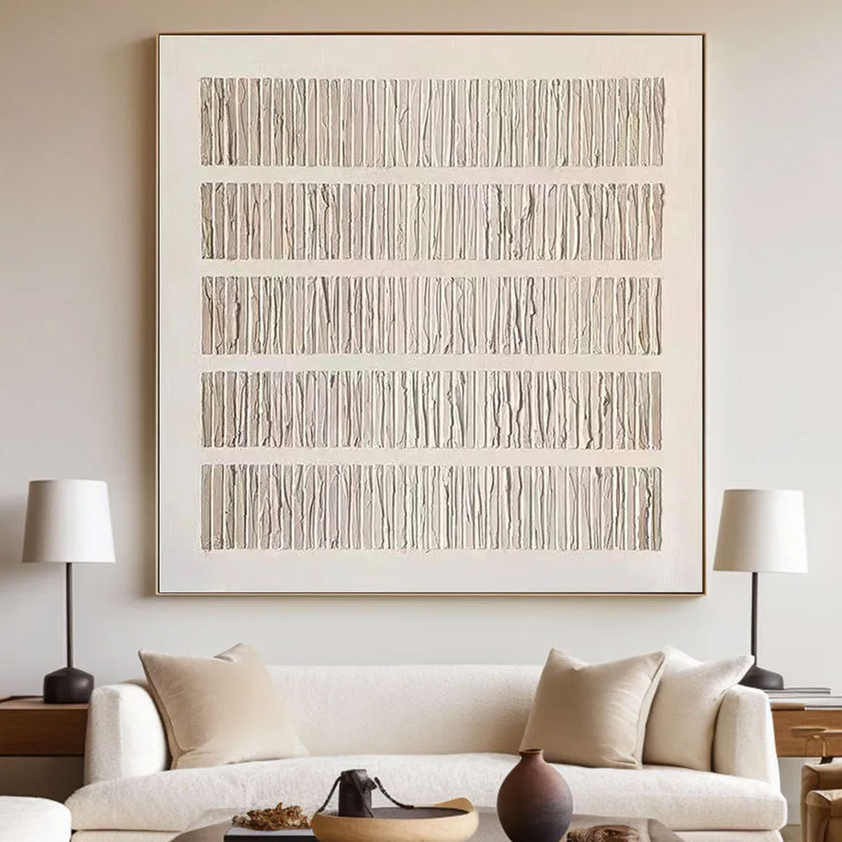 Minimalist Light Gray Textured Stripes Decorative Painting Light Gray Wabi-Sabi Art Painting Large Textured Art