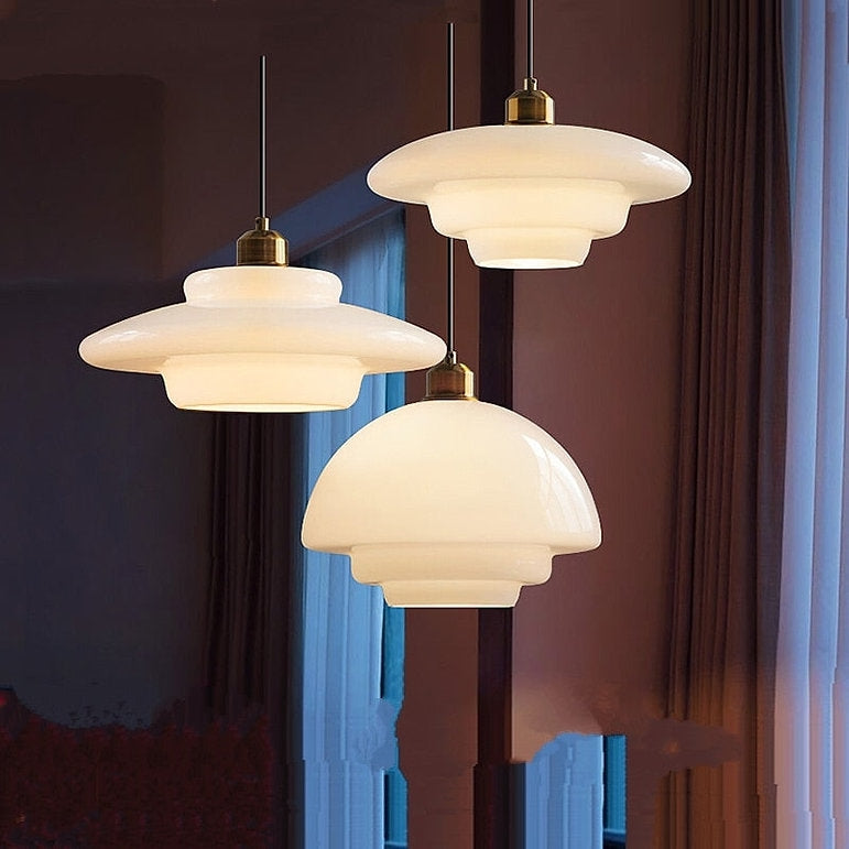 Mid-Century Saucer Cream White Glass Pendant Light-yohoLight