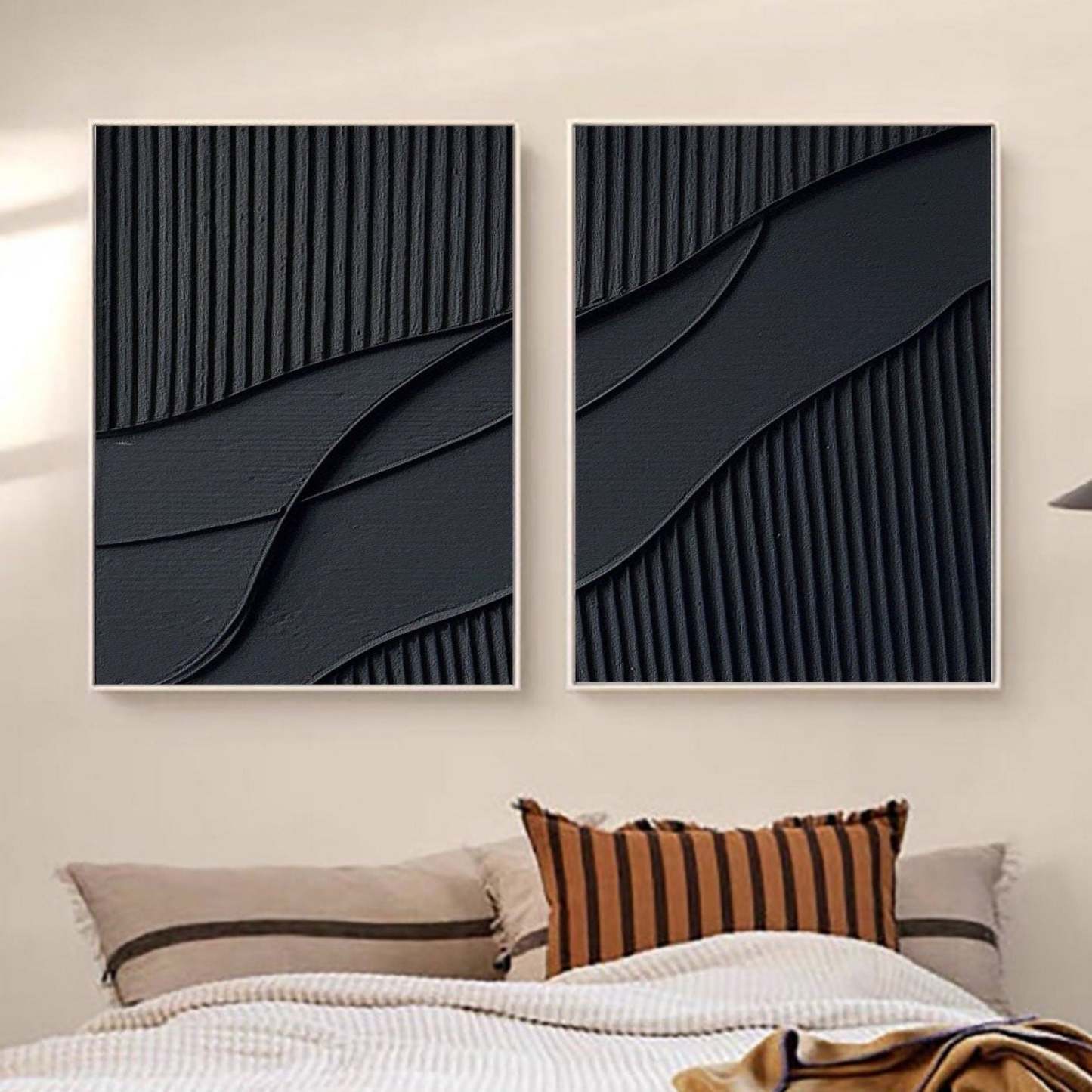 Black Plaster Art Textured Wall Art hand - painted Set Of 2 #HM1459
