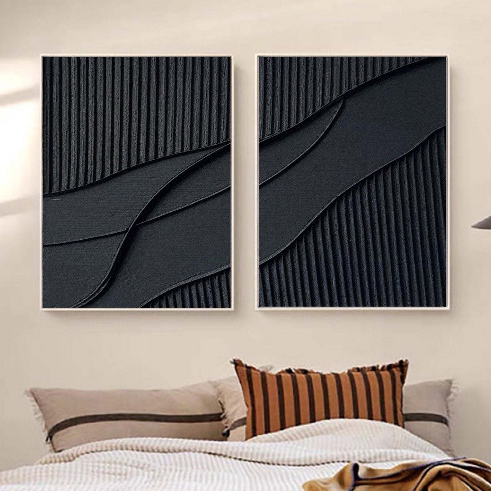 Black Plaster Art Textured Wall Art hand - painted Set Of 2 #HM1459