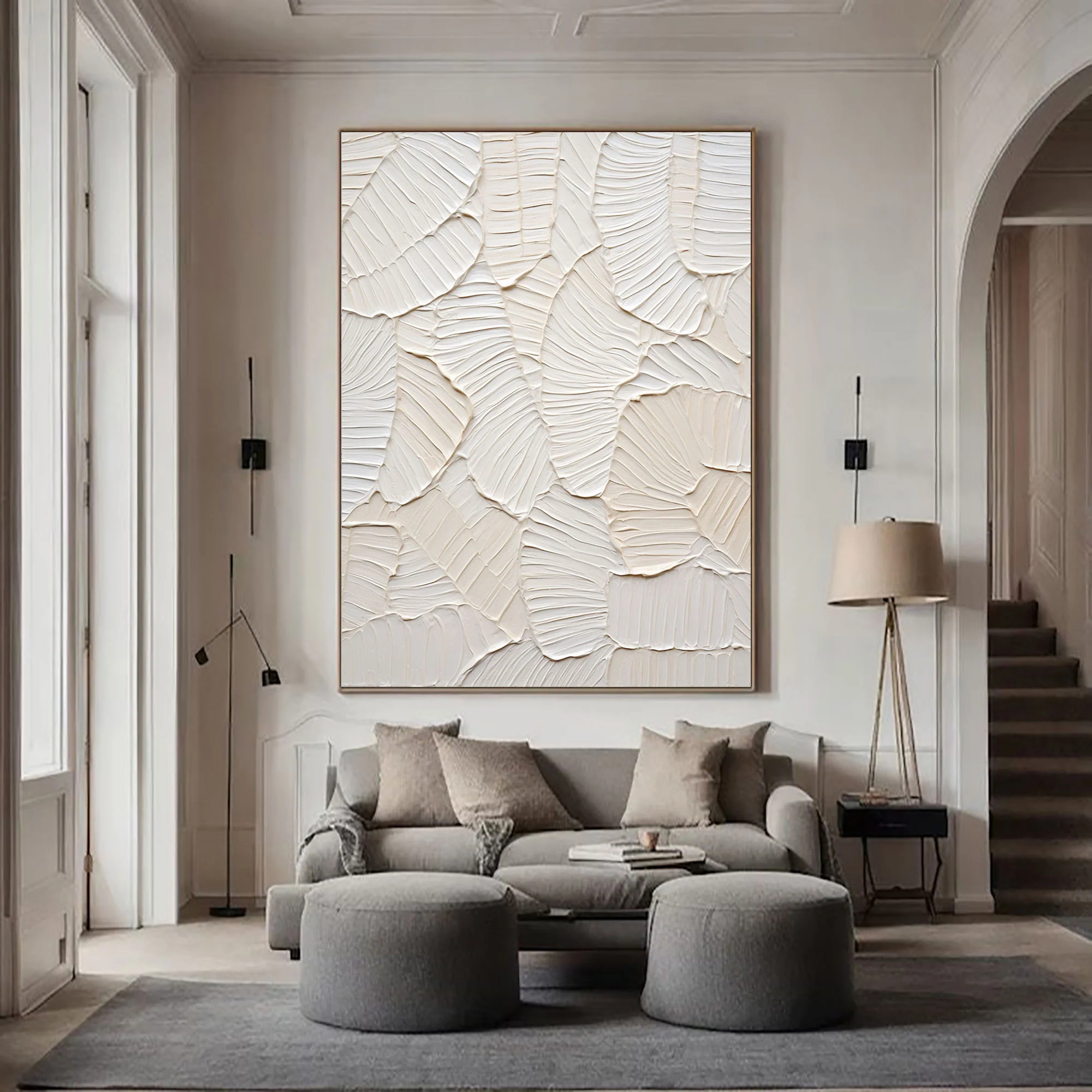 White Leaf Plaster Art Painting hand-painted #HM1836