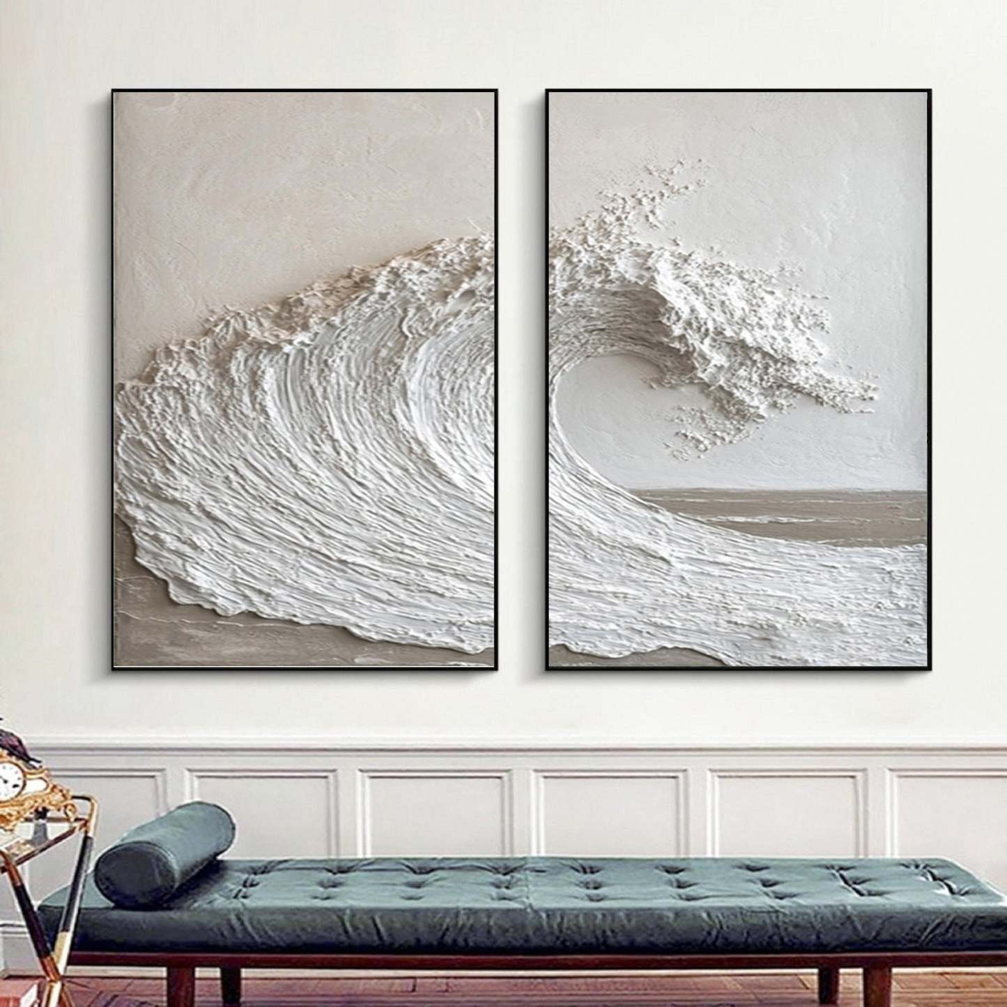 2 pieces white waves plaster textured wall art sea wave painting