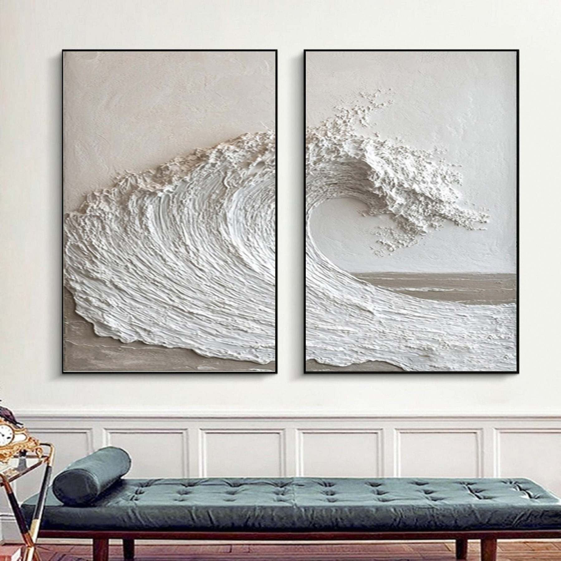 2 pieces white waves plaster textured wall art sea wave painting
