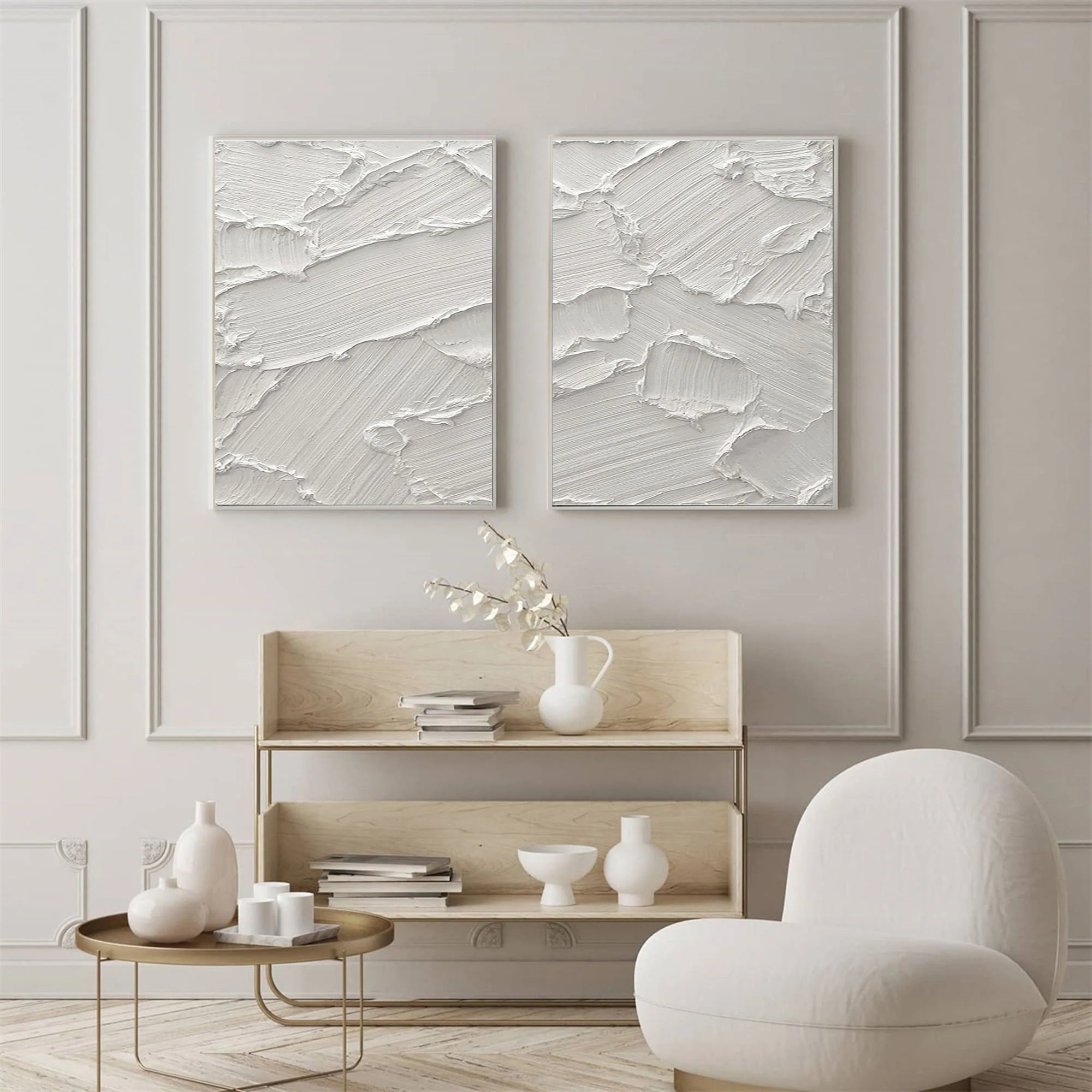 White Minimalist Abstract Art Painting hand-painted Set Of 2 #HM1868