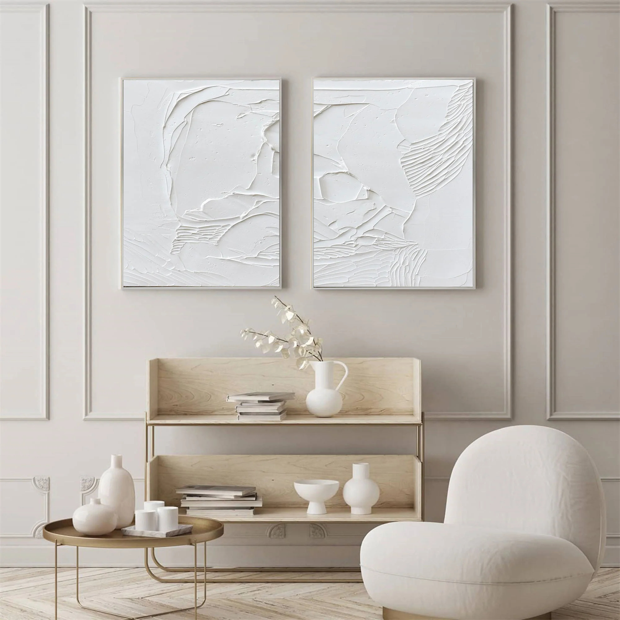 White Minimalist Art Painting hand-painted Set Of 2 #HM1855