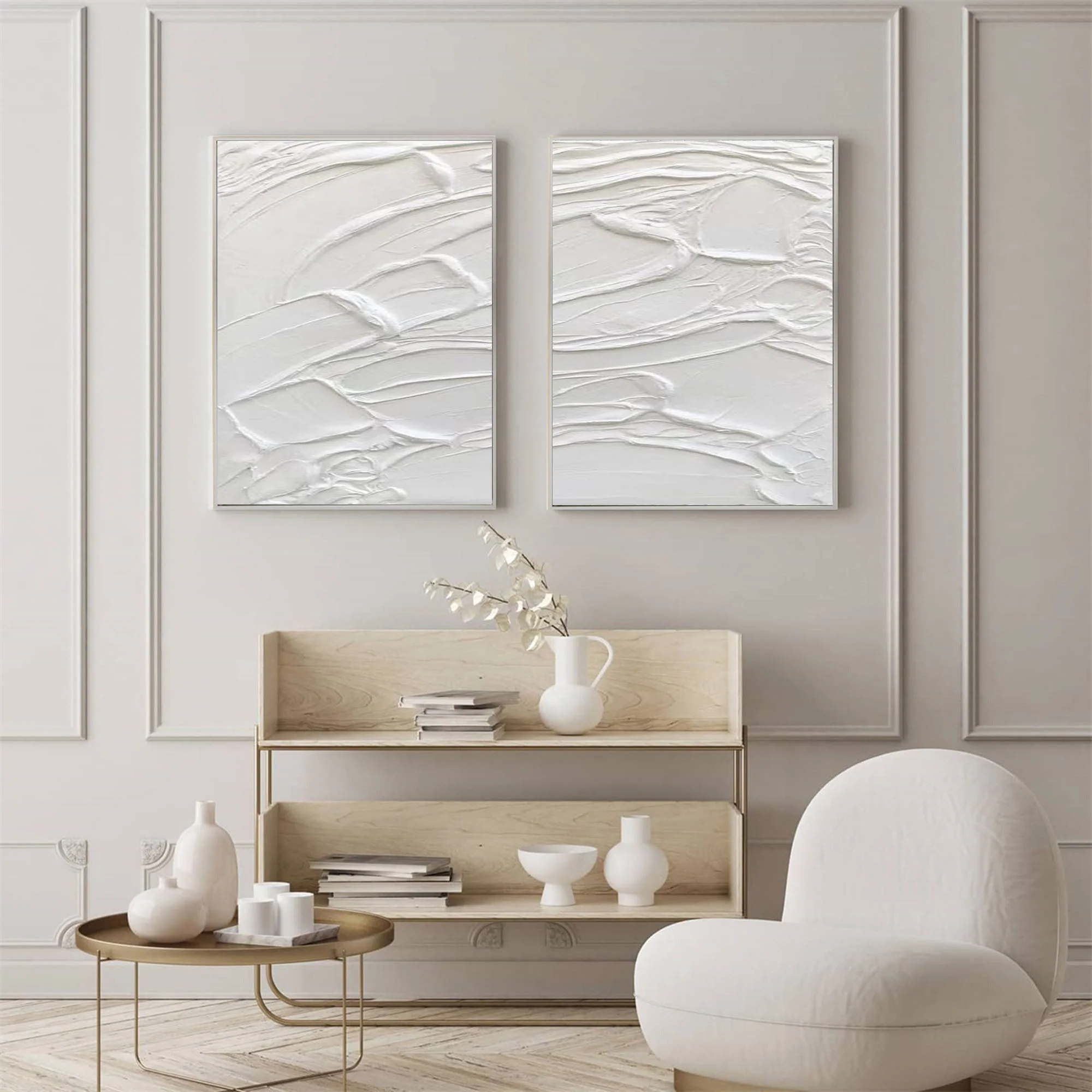 White Minimalist Plaster Art Painting hand-painted Set Of 2 #HM1858