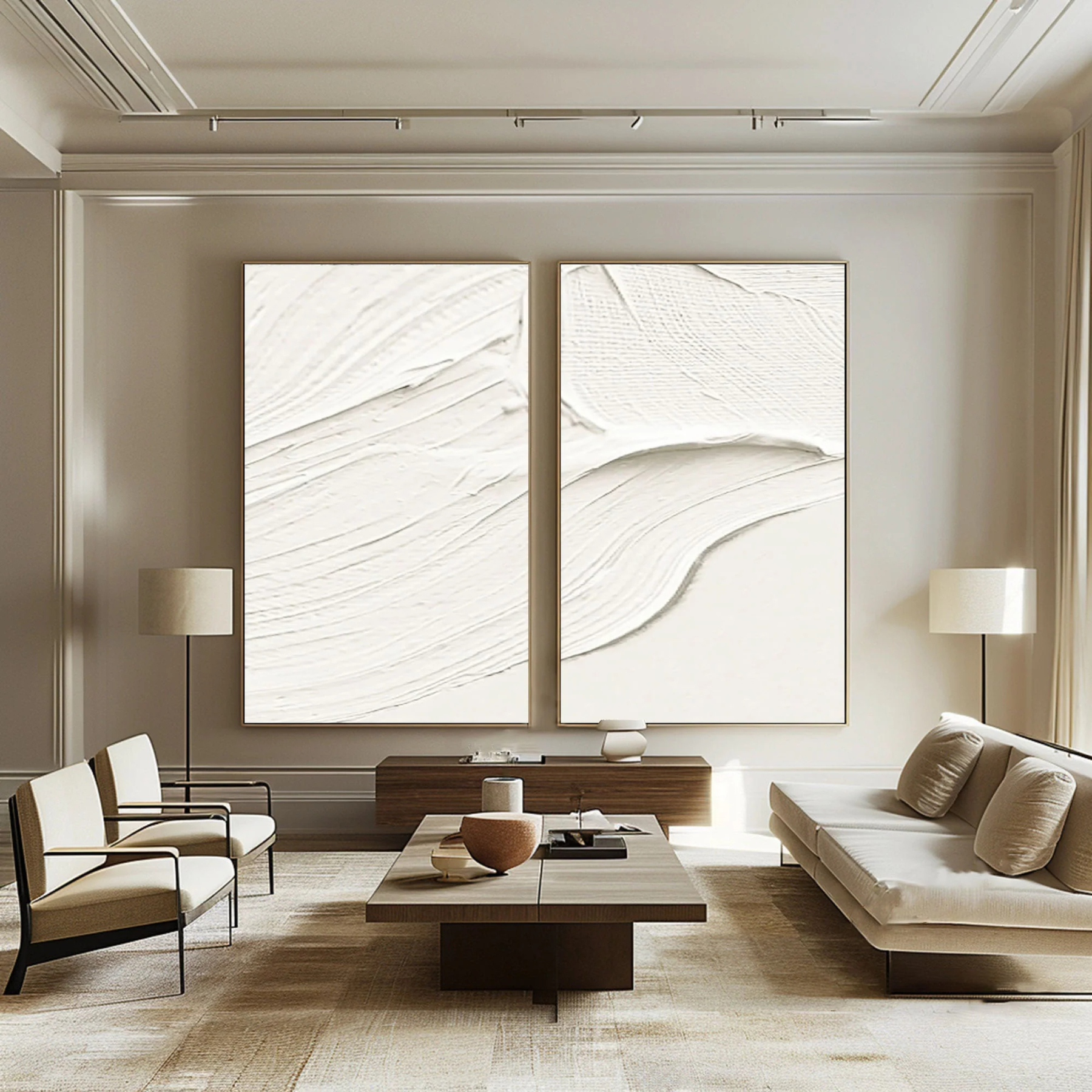 White Minimalist Plaster Art Painting hand-painted Set Of 2 #HM1859