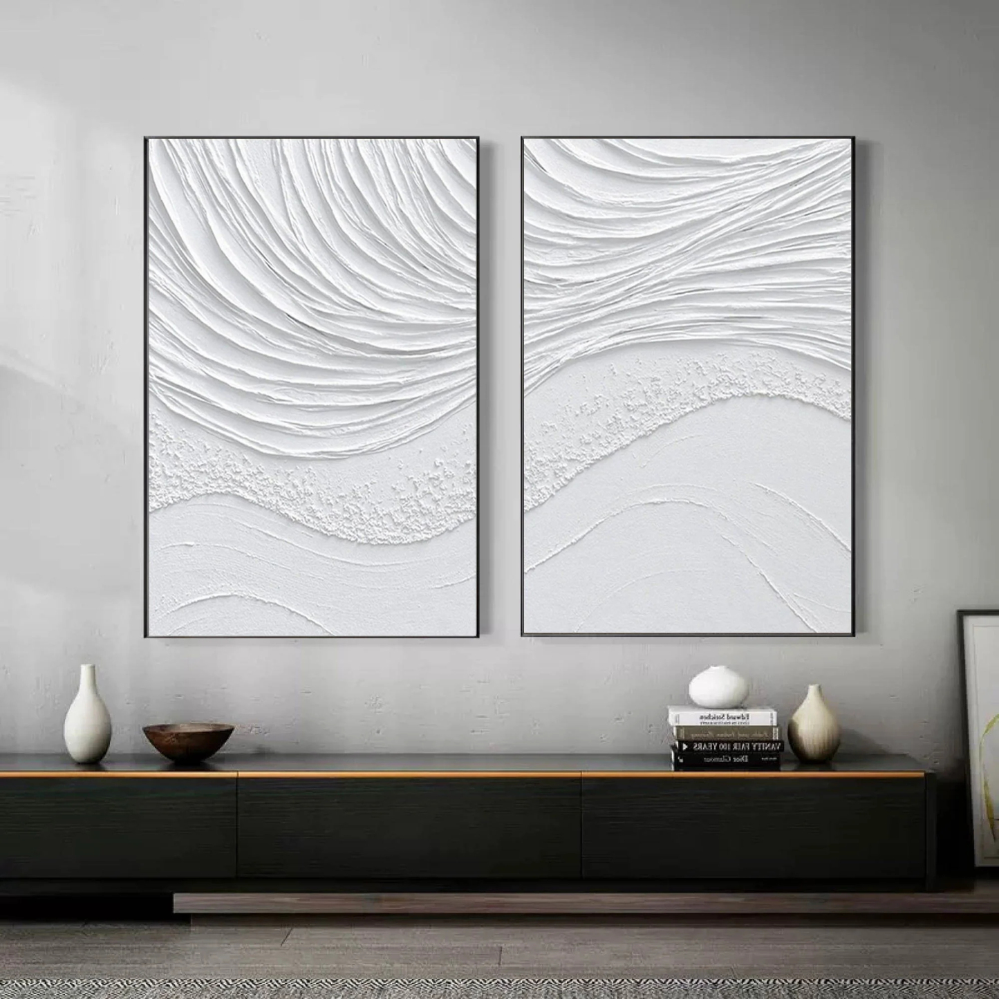 White Minimalist Plaster Art Painting hand-painted Set Of 2 #HM1862