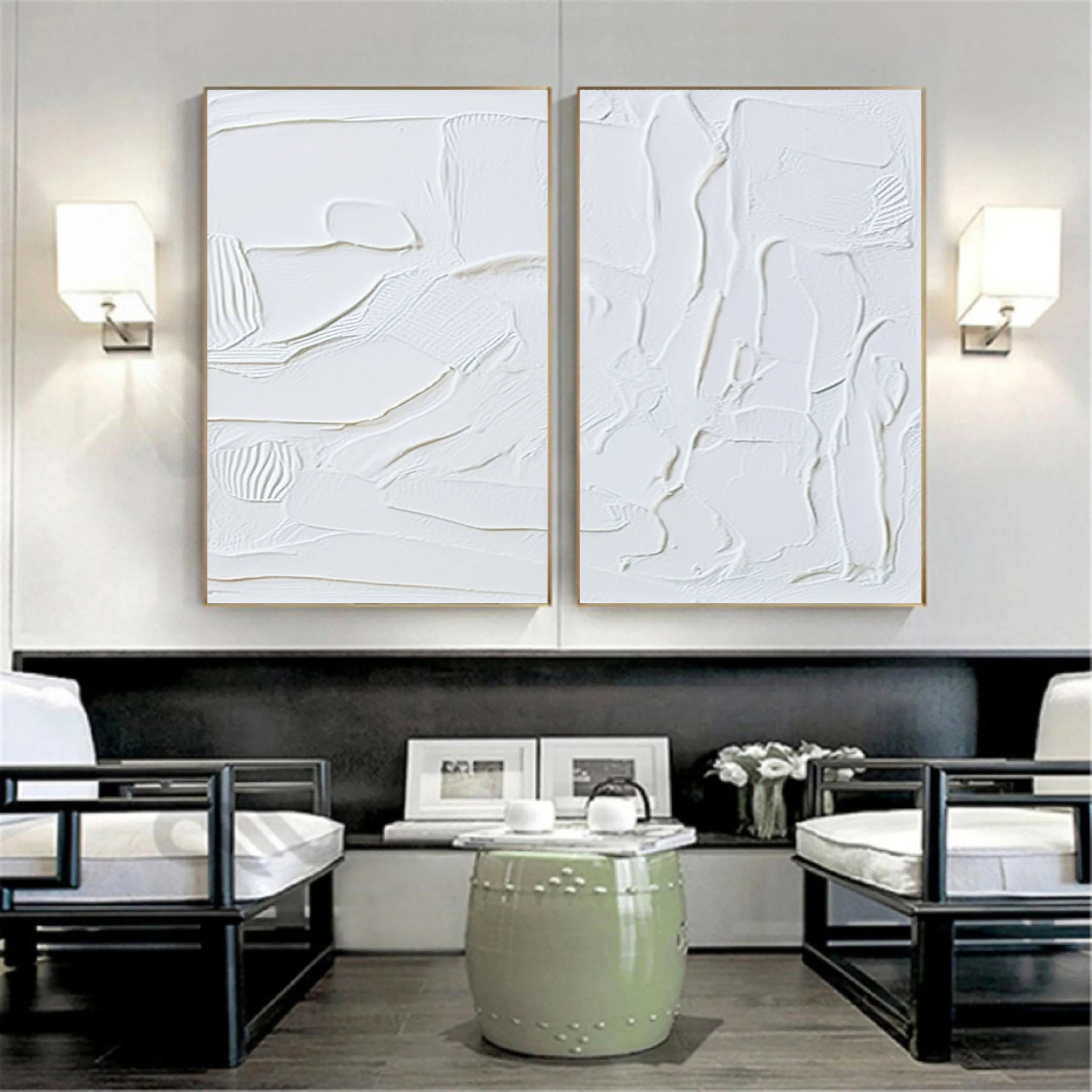 White Minimalist Plaster Art Painting hand-painted Set Of 2 #HM1863