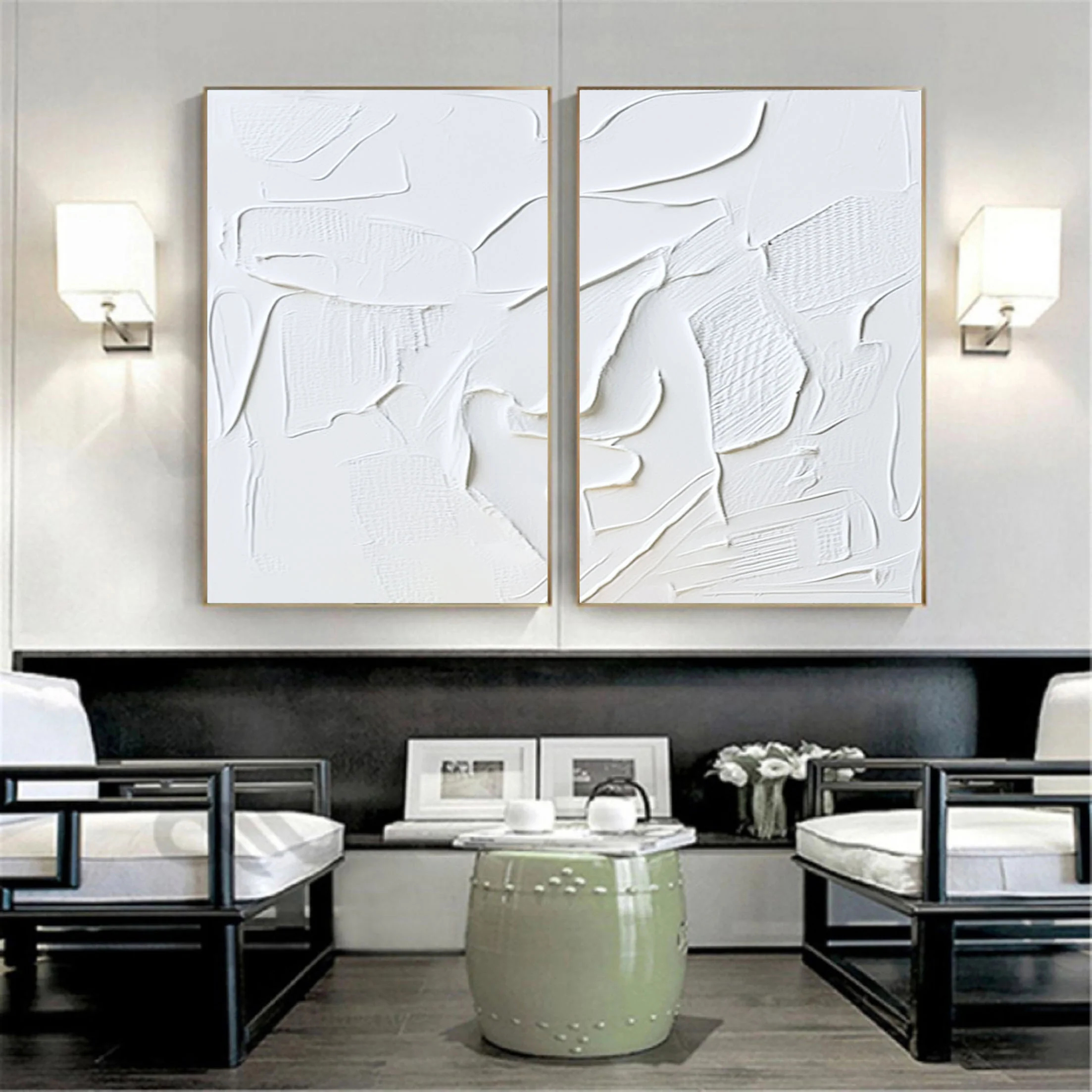 White Minimalist Plaster Art Painting hand-painted Set Of 2 #HM1864