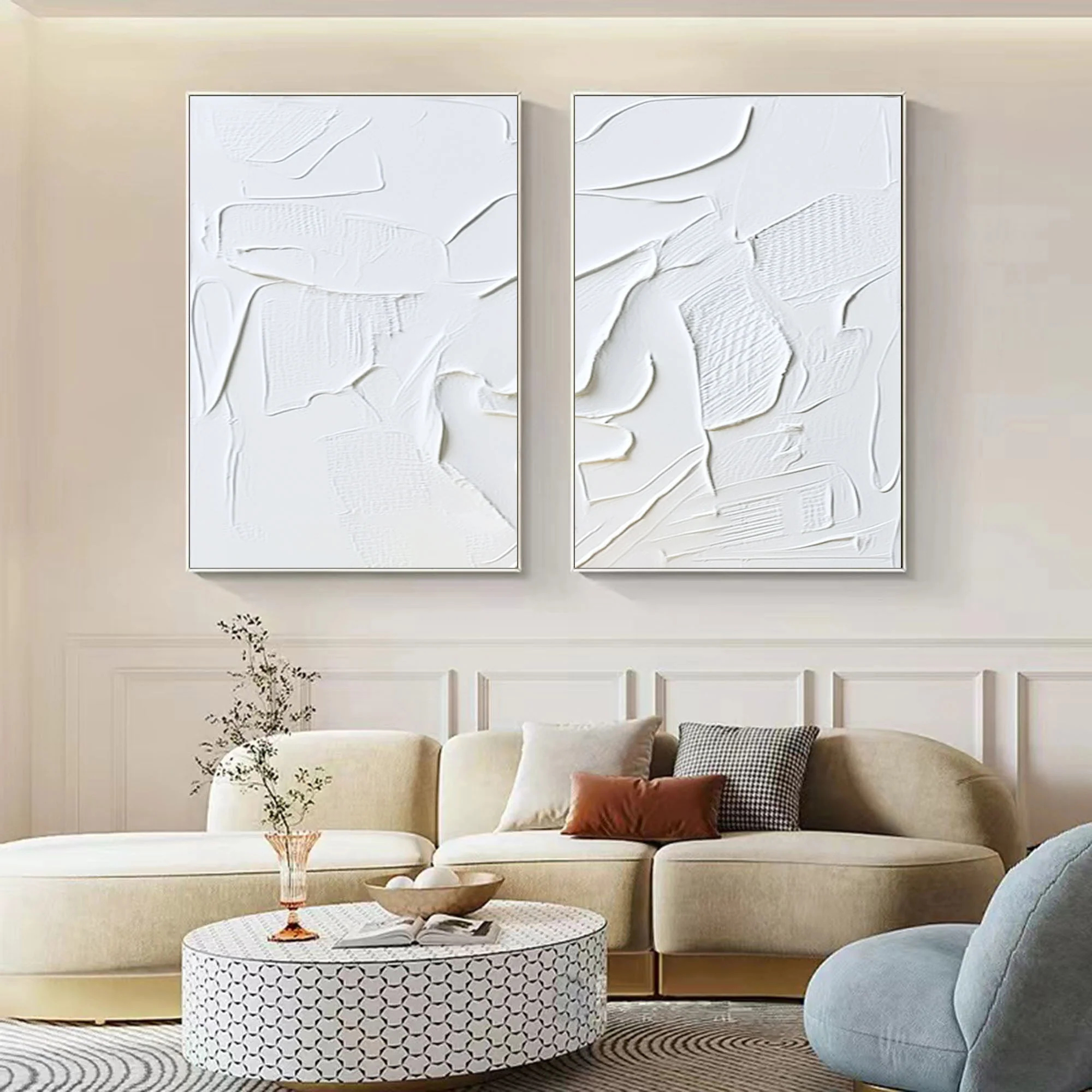 White Minimalist Plaster Art Painting hand-painted Set Of 2 #HM1864