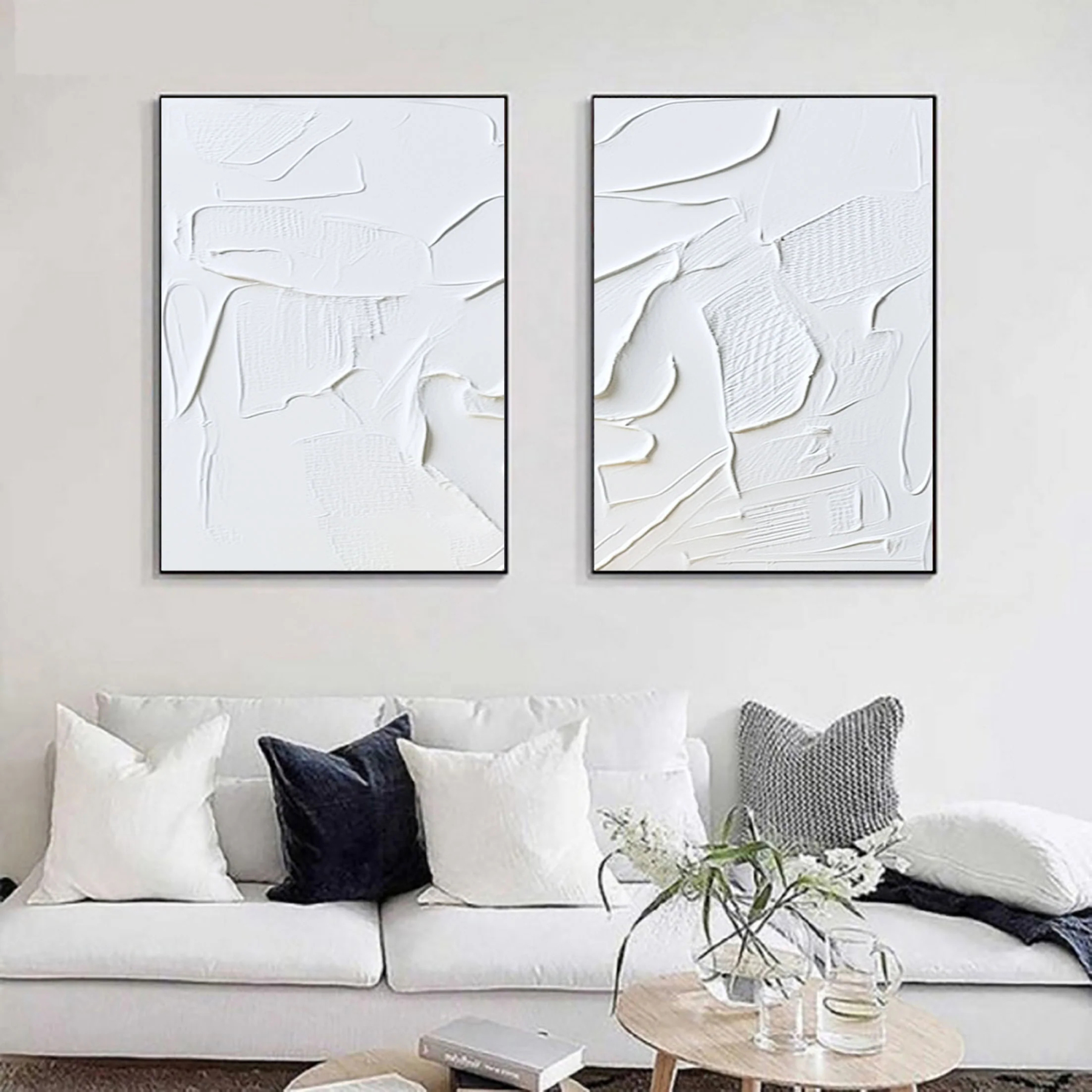 White Minimalist Plaster Art Painting hand-painted Set Of 2 #HM1864
