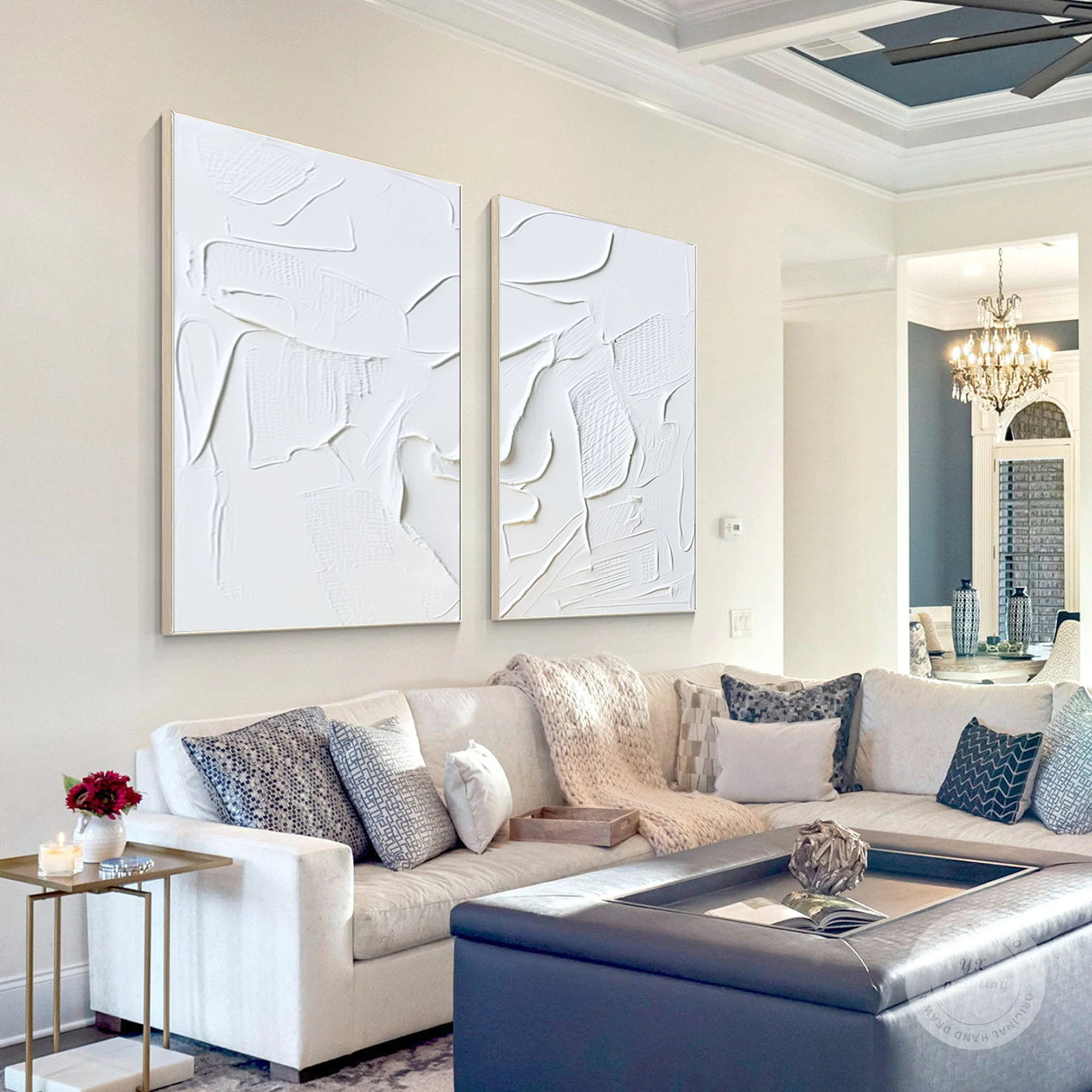 White Minimalist Plaster Art Painting hand-painted Set Of 2 #HM1864