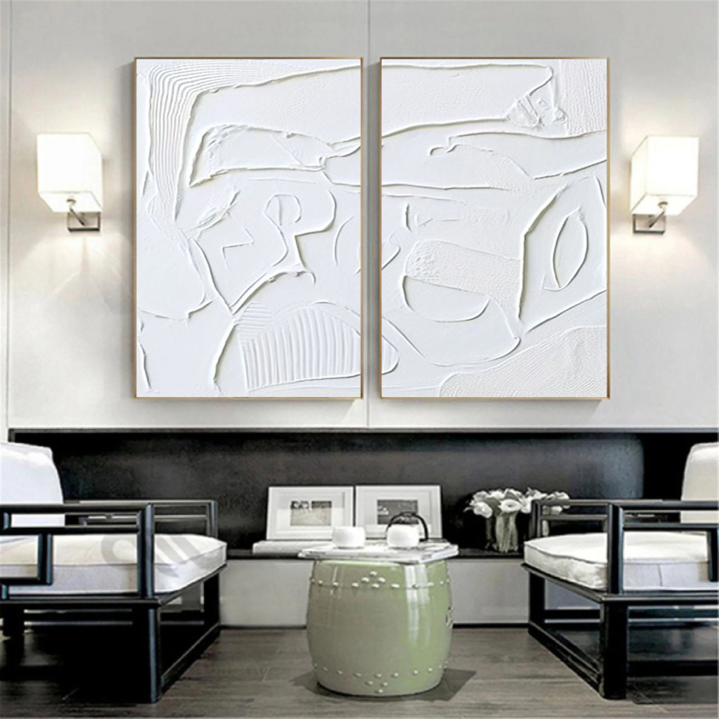 White Minimalist Plaster Art Painting hand-painted Set Of 2 #HM1865
