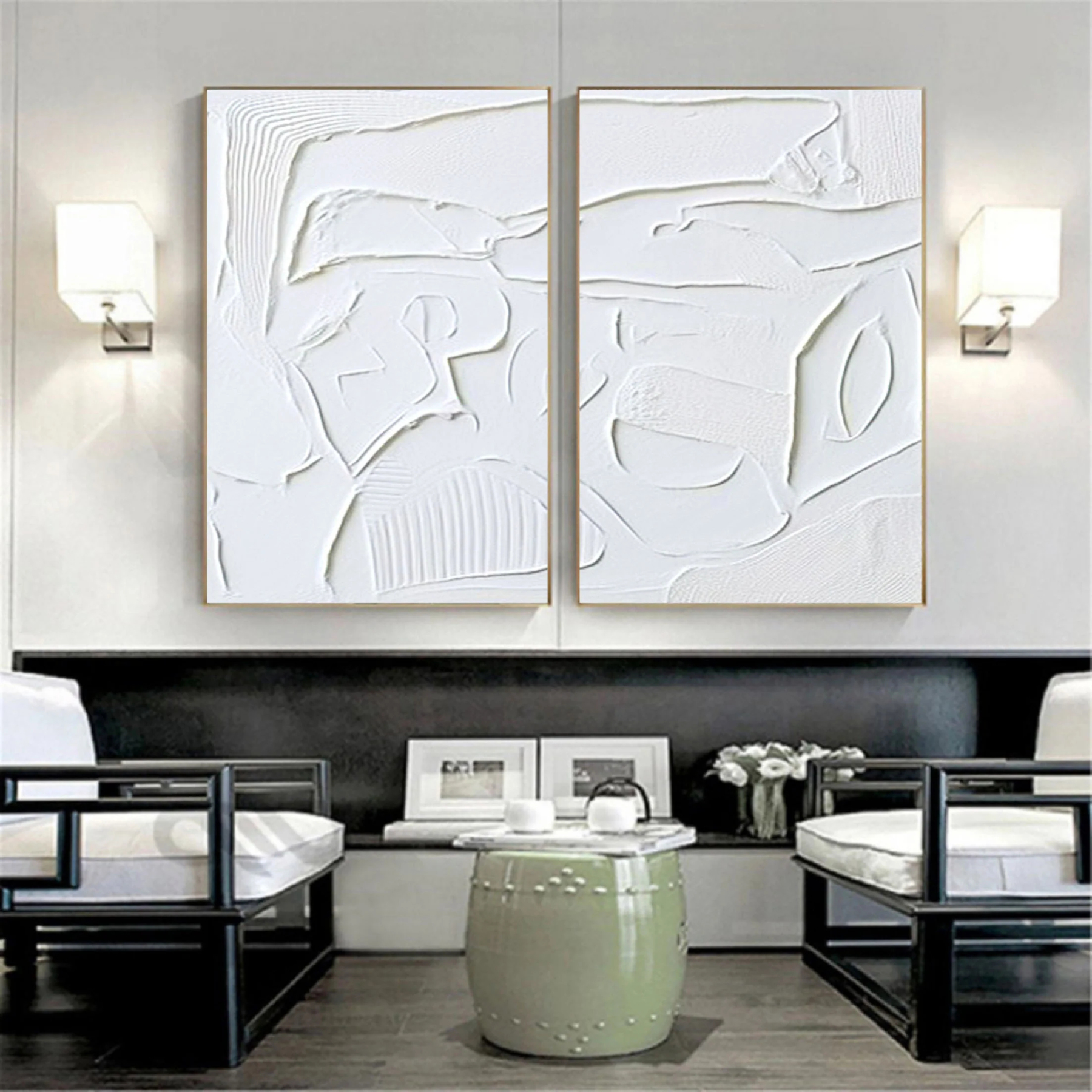 White Minimalist Plaster Art Painting hand-painted Set Of 2 #HM1865