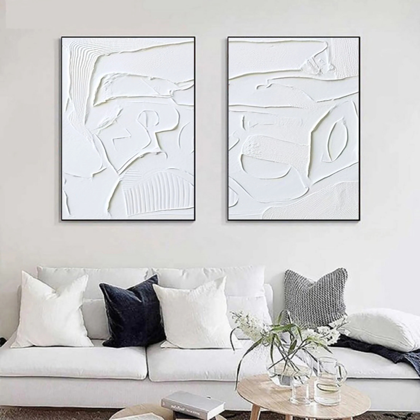 White Minimalist Plaster Art Painting hand-painted Set Of 2 #HM1865
