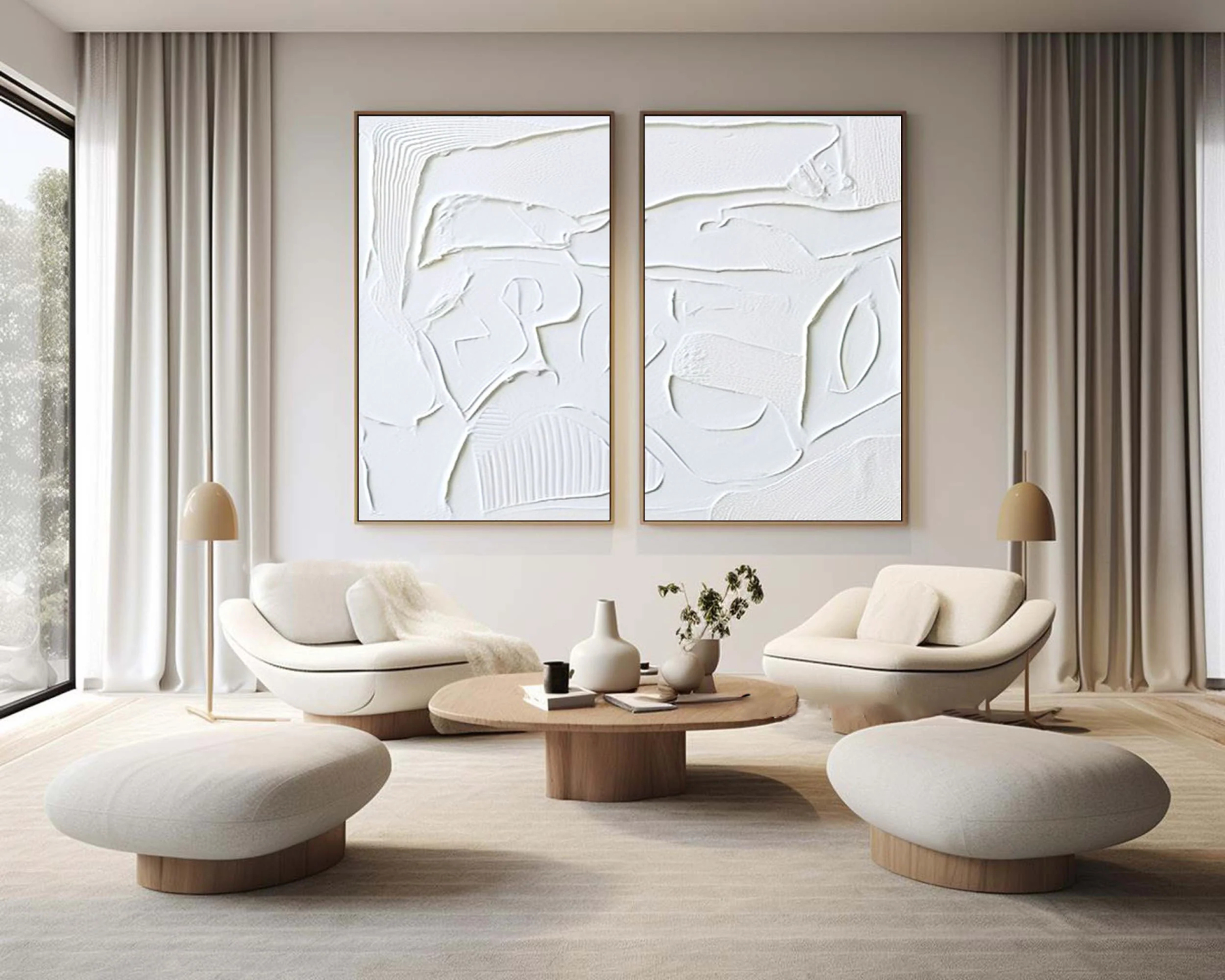 White Minimalist Plaster Art Painting hand-painted Set Of 2 #HM1865