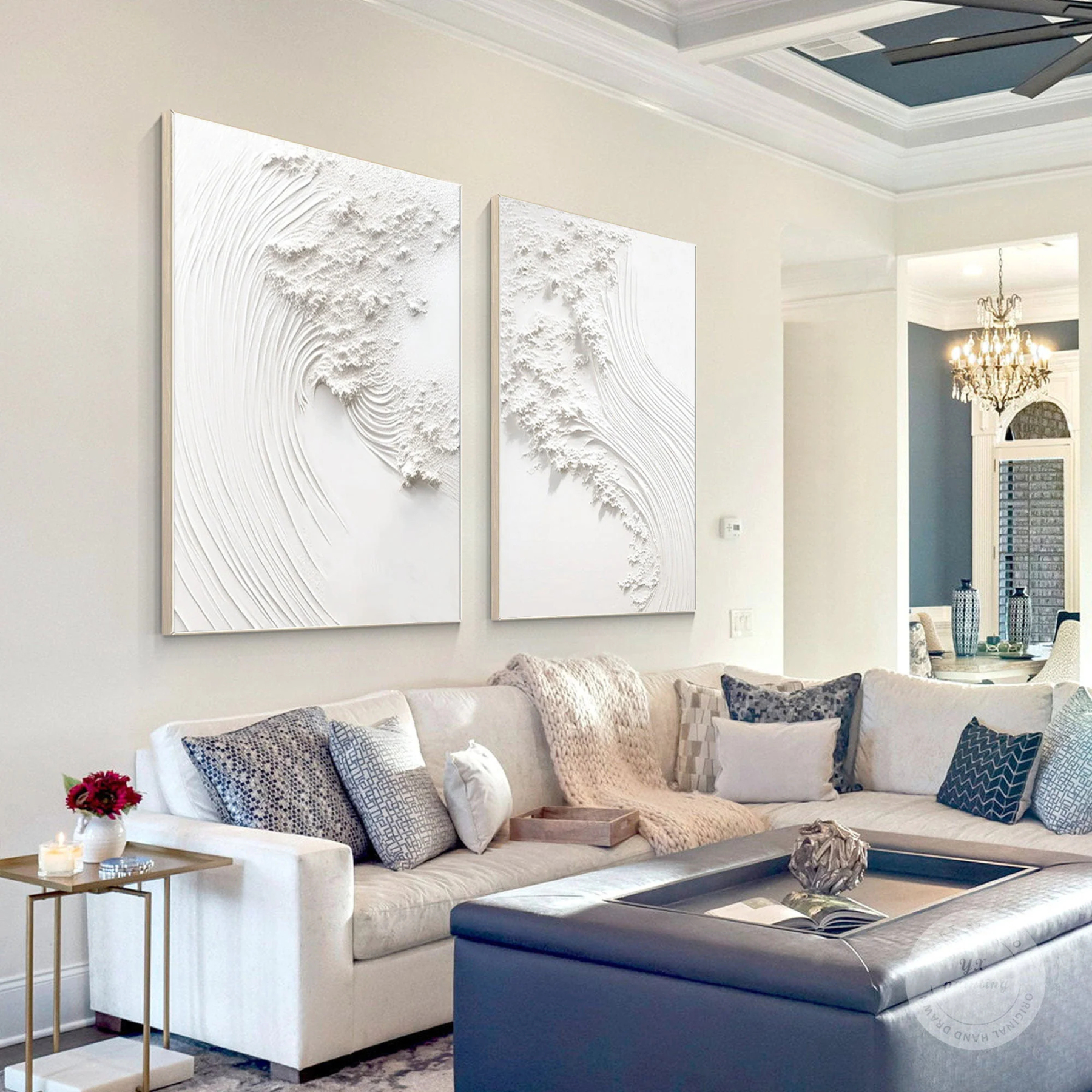 White Minimalist Plaster Art Painting hand-painted Set Of 2 #HM1866