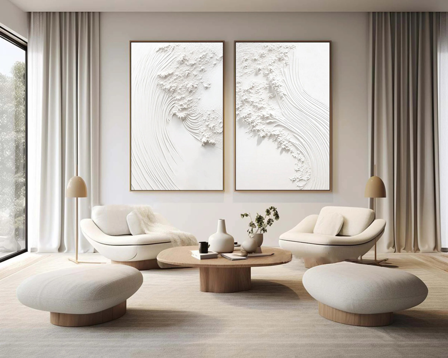 White Minimalist Plaster Art Painting hand-painted Set Of 2 #HM1866