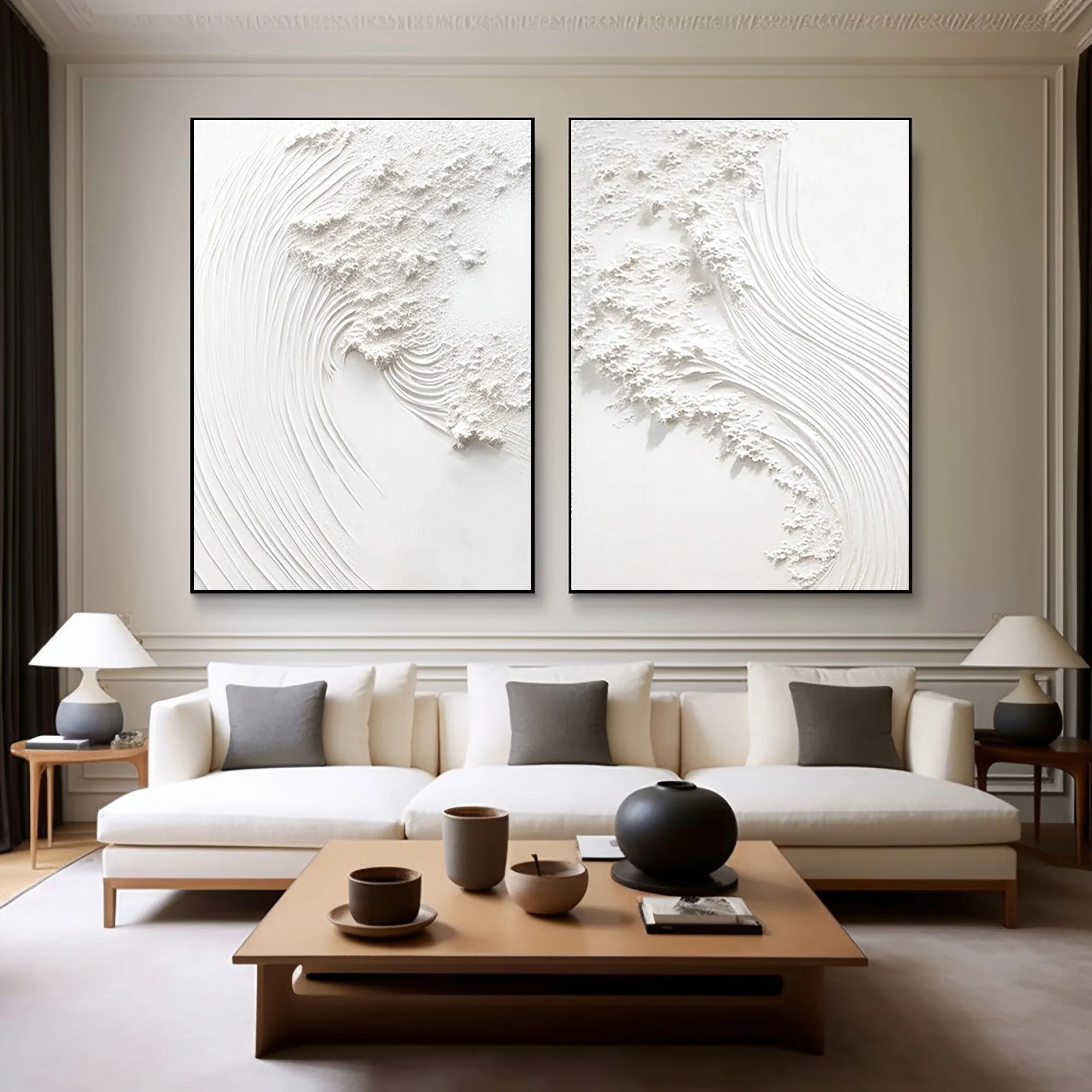 White Minimalist Plaster Art Painting hand-painted Set Of 2 #HM1866