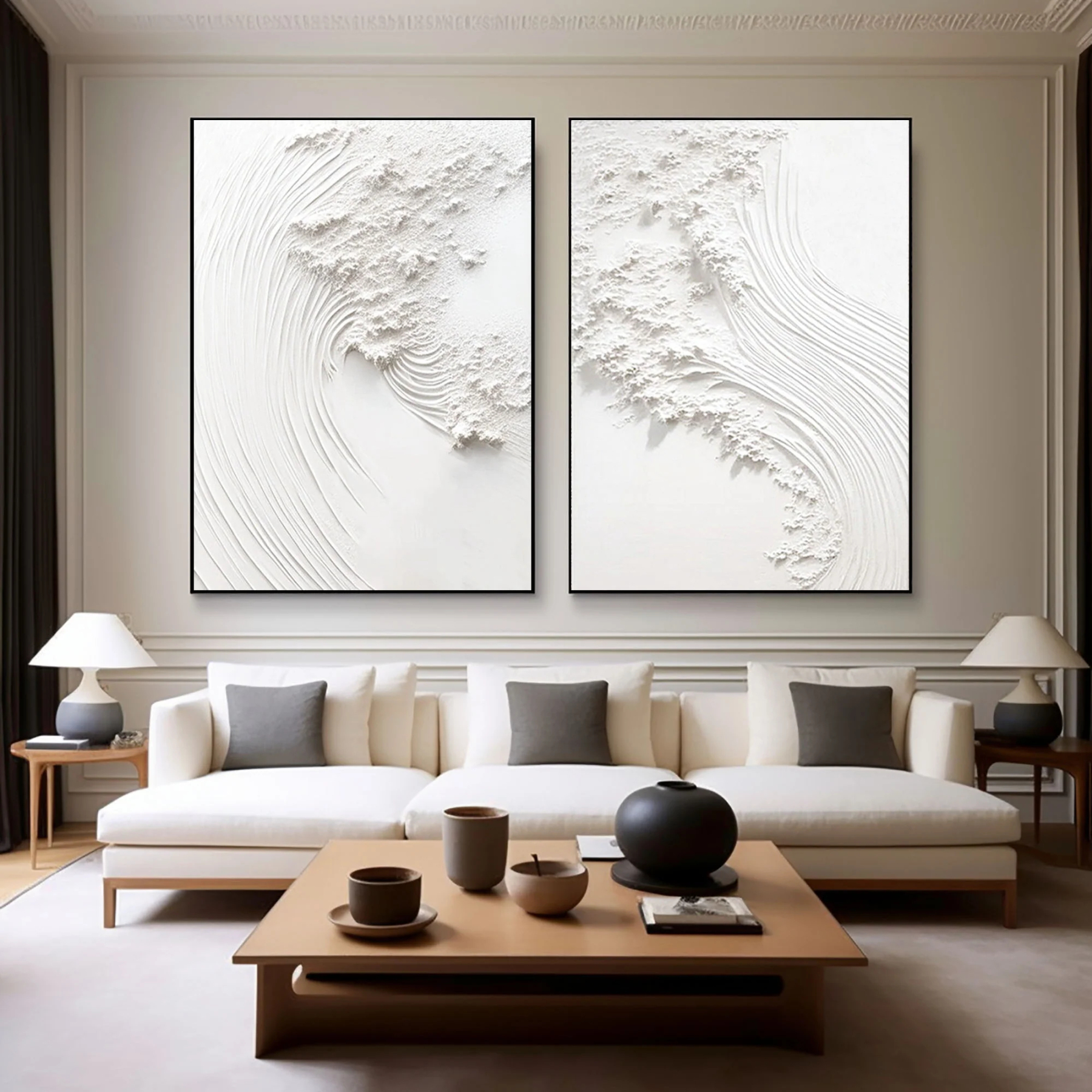 White Minimalist Plaster Art Painting hand-painted Set Of 2 #HM1866
