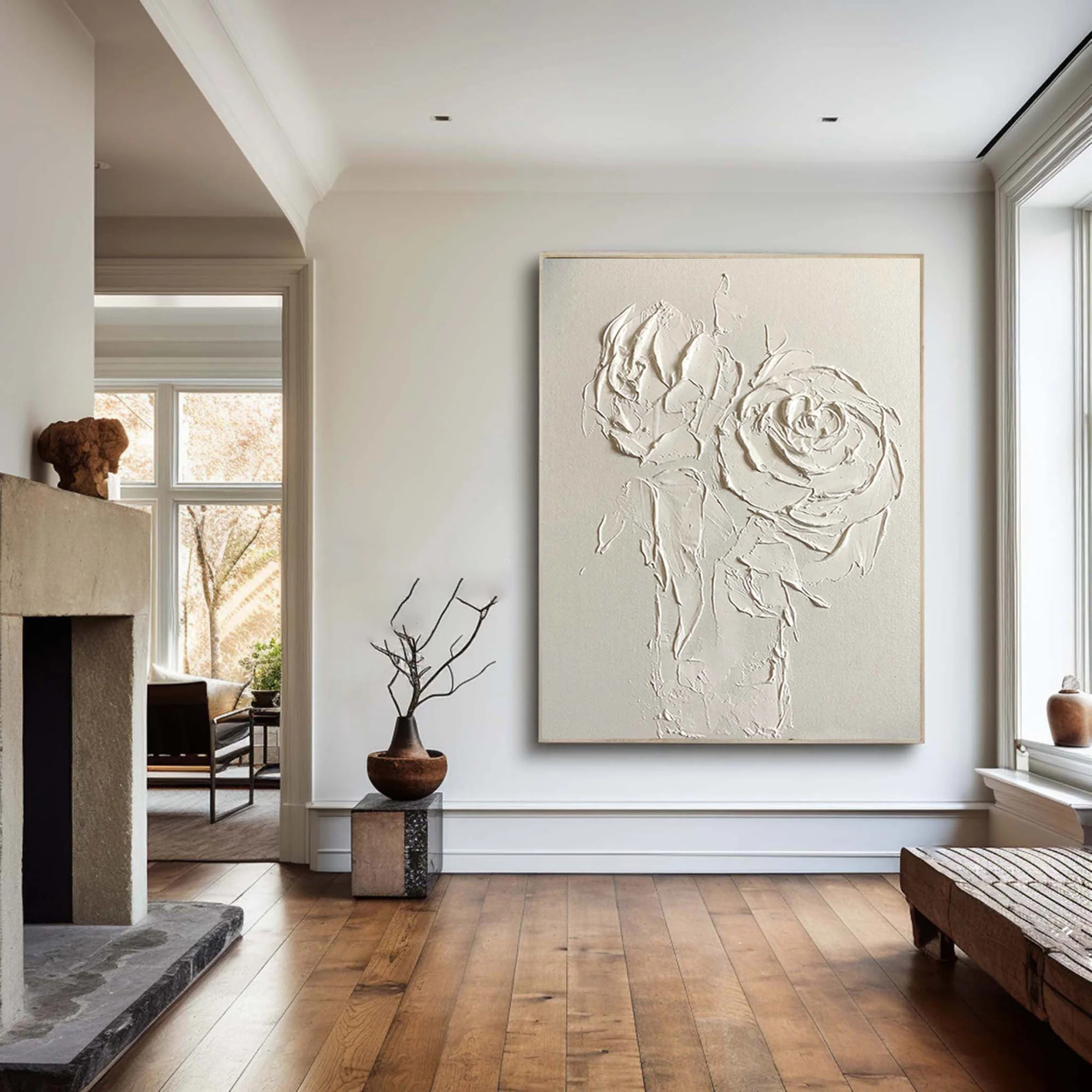 White Flower Plaster Art Painting hand-painted #HM1852