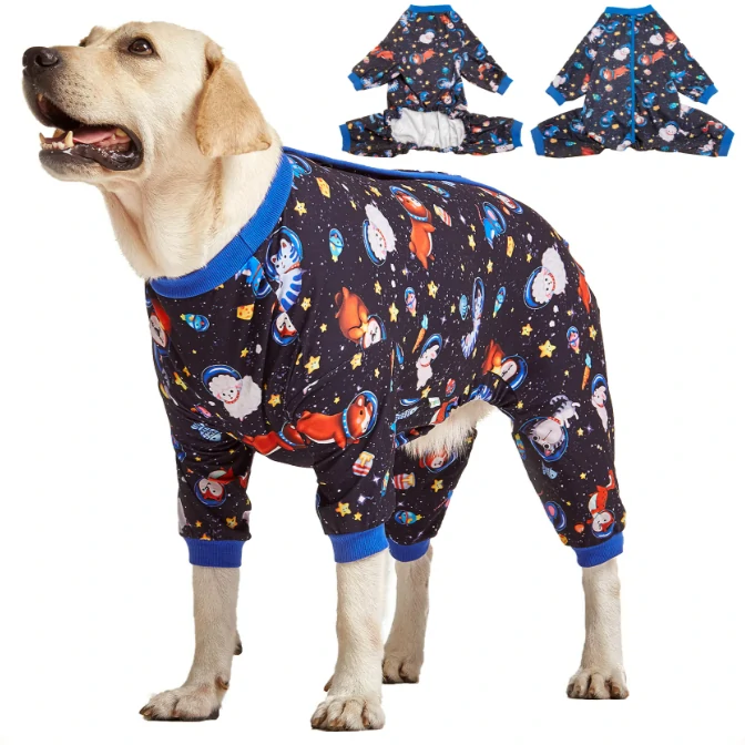 Large dog wearing space-themed pajamas with blue cuffs, showcasing a colorful space design, including astronauts and planets, along with two inset views of the pajamas.