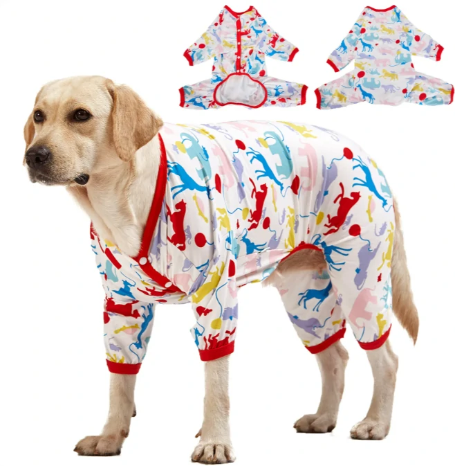 Yellow dog wearing colorful, animal-themed pajamas with red cuffs, featuring a playful design and inset views of the full outfit.