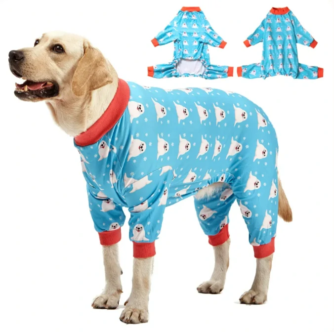 Yellow Labrador wearing blue pajamas with a polar seal print and red cuffs, showcasing cozy sleepwear for large dogs with two inset views of the outfit.