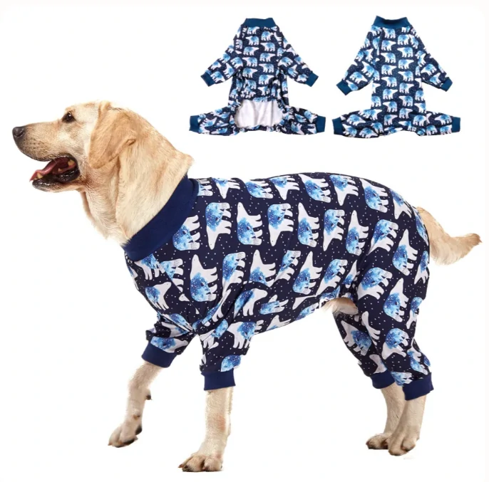 Yellow dog in navy blue pajamas with a polar bear pattern and blue cuffs, designed for large breeds, with two inset views showing the full pajama.