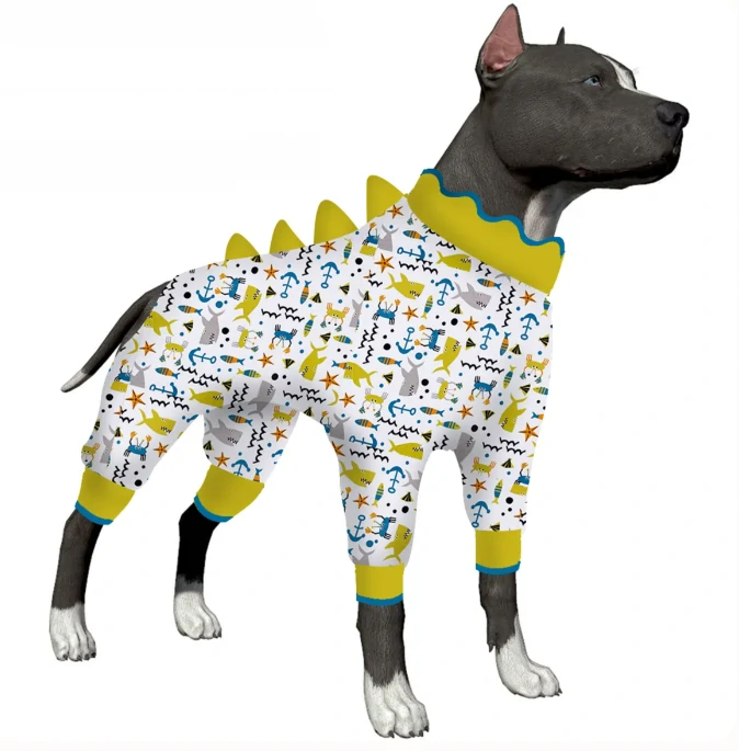 Illustration of a grey dog wearing white dinosaur-themed pajamas with yellow spikes on the back.