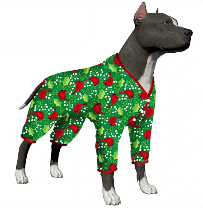 Black dog wearing green holiday pajamas with holly and red cardinal designs, accented with red trim for a classic Christmas look.
