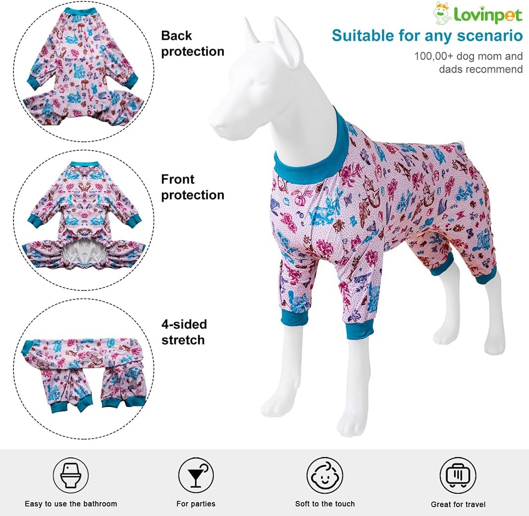 LovinPet Large  Dog Costume, Pet Anxiety CalmingShirt, Lightweight Post Surgery Dog Pajamas, Garden Print, Large Dog Pjs, 4 Legged Style Pullover Dog Onesie,Medium & Large & Giant