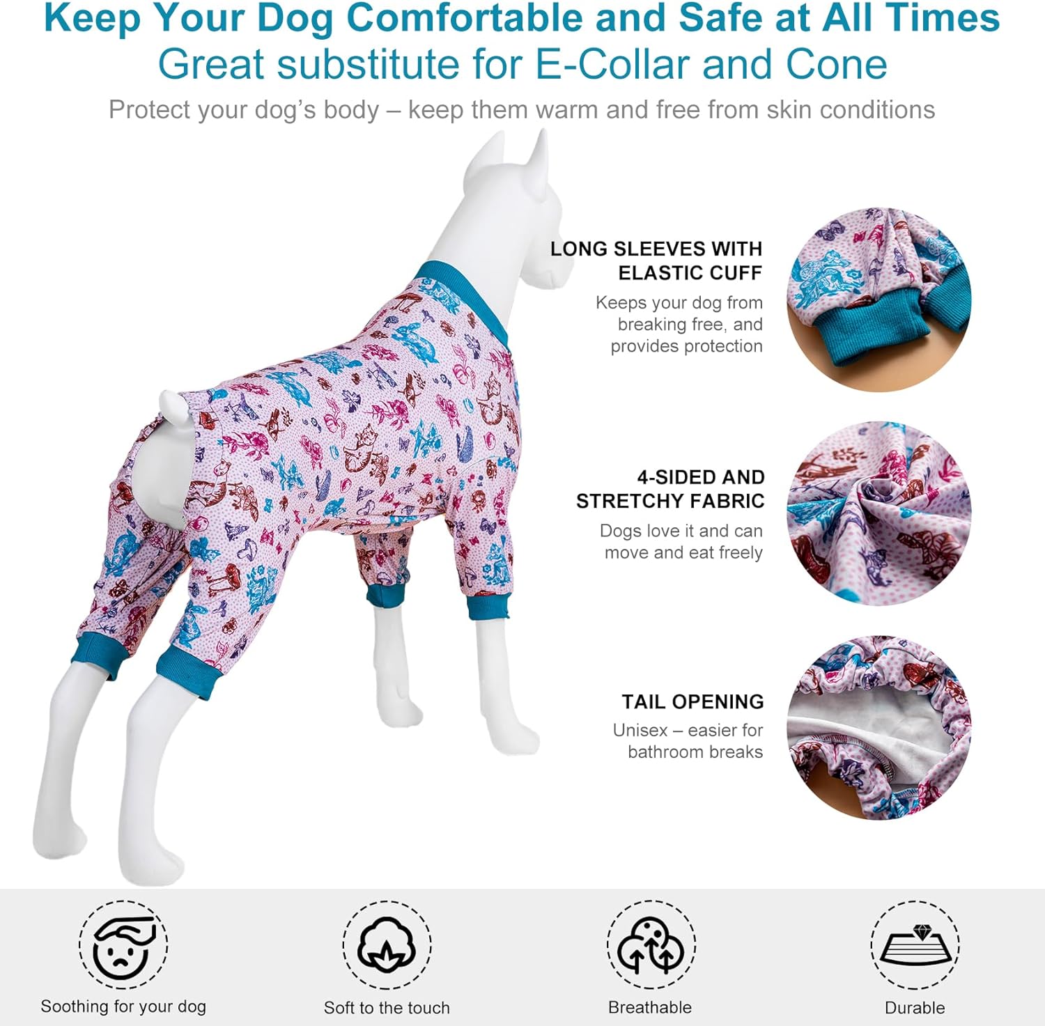 LovinPet Large  Dog Costume, Pet Anxiety CalmingShirt, Lightweight Post Surgery Dog Pajamas, Garden Print, Large Dog Pjs, 4 Legged Style Pullover Dog Onesie,Medium & Large & Giant