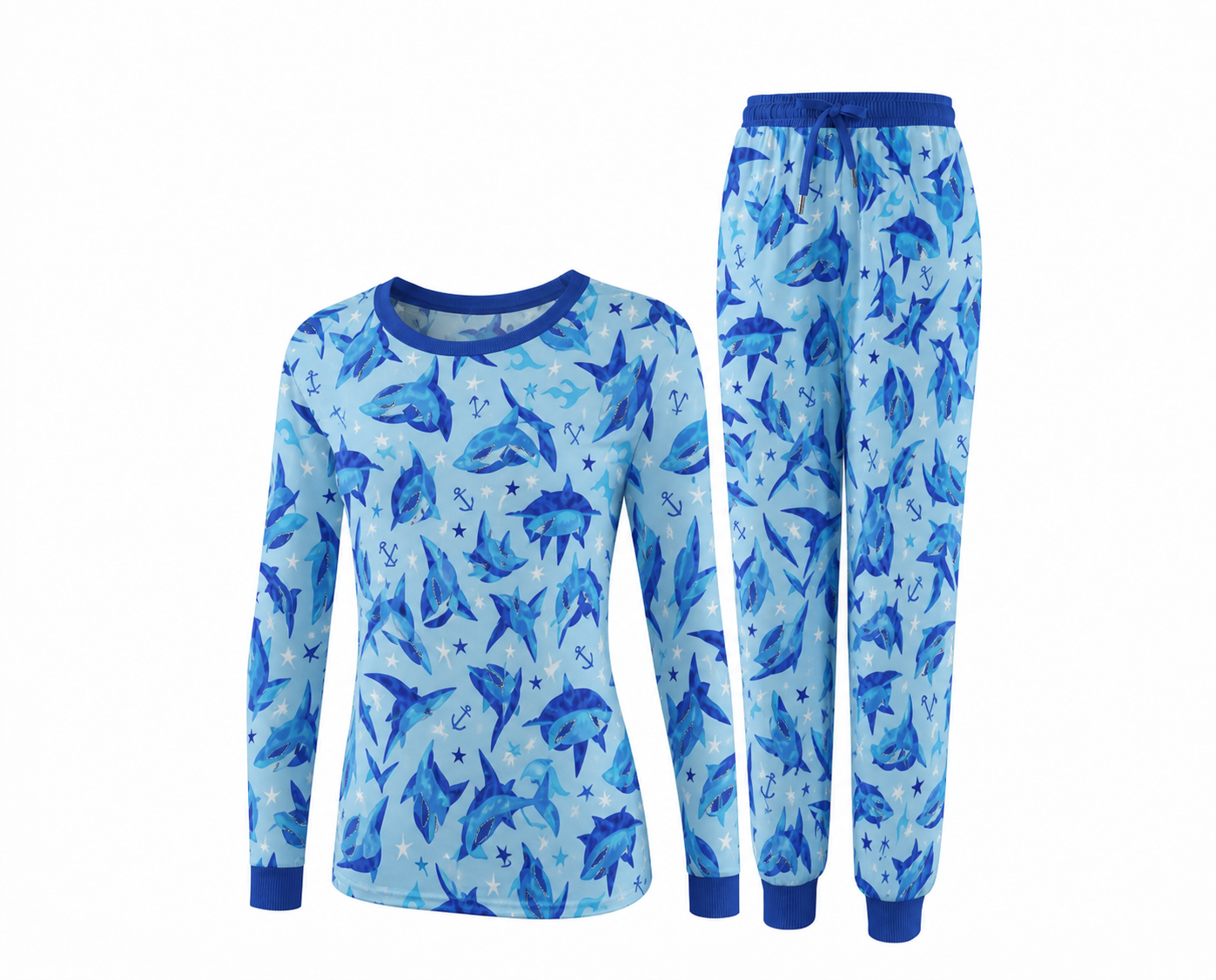 2-Piece Pet & Human Long Sleeve Pajama Set - Deep Blue Ocean Prints