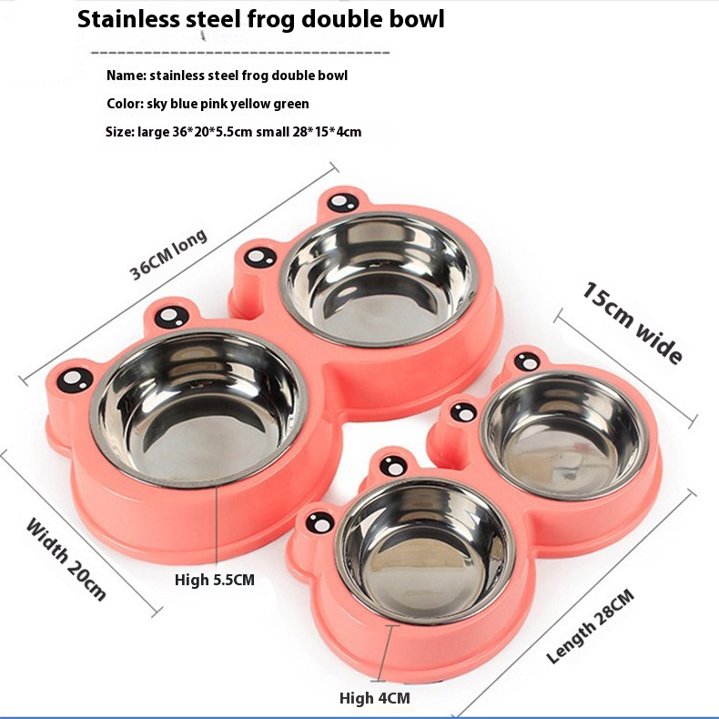 Pet Bowl cartoon pet dog bowl stainless steel frog double bowl reduce overflow dog bowl dog