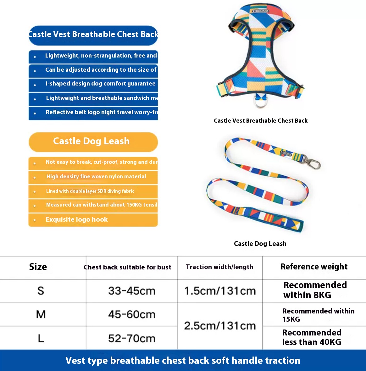 Castle vest dog hand holding rope small dog chest strap anti breaking loose puppy dog leash