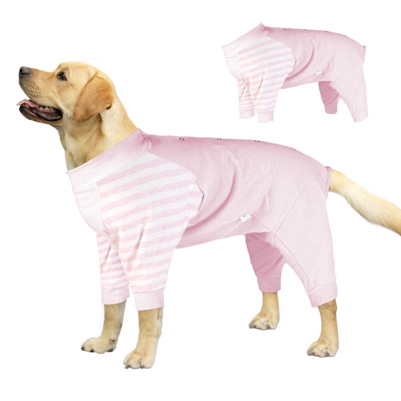 Large dog wearing Lovinpet pink high elastic pajamas with striped sleeves, designed for comfort and convenience, featuring a back-breasted design and breathable fabric.